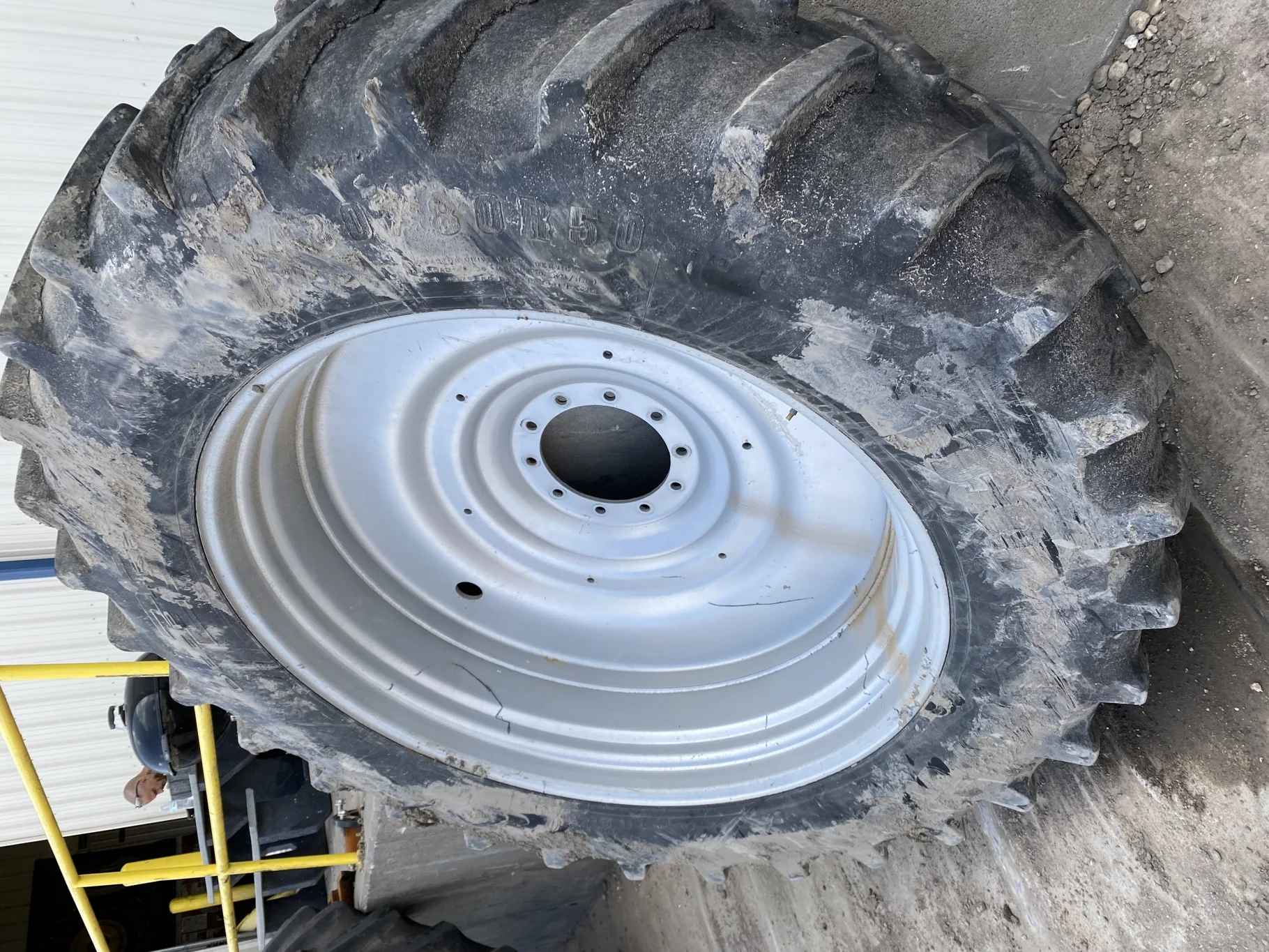 Used 65% 480/80R50 Firestone Radial Deep Tread 23 (159B) on 15 x 50 Case Silver 10 Bolt Dual Wheel