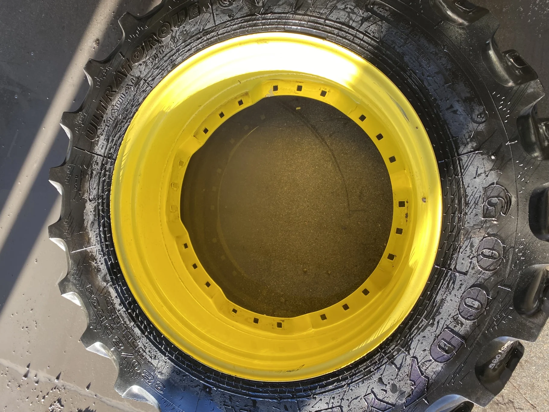 Used 85% 380/85R34 Goodyear Ultratorqe DT712 R-1 (137D) TL on a 13 x 34 JD Yellow Waffle Wheel image 6