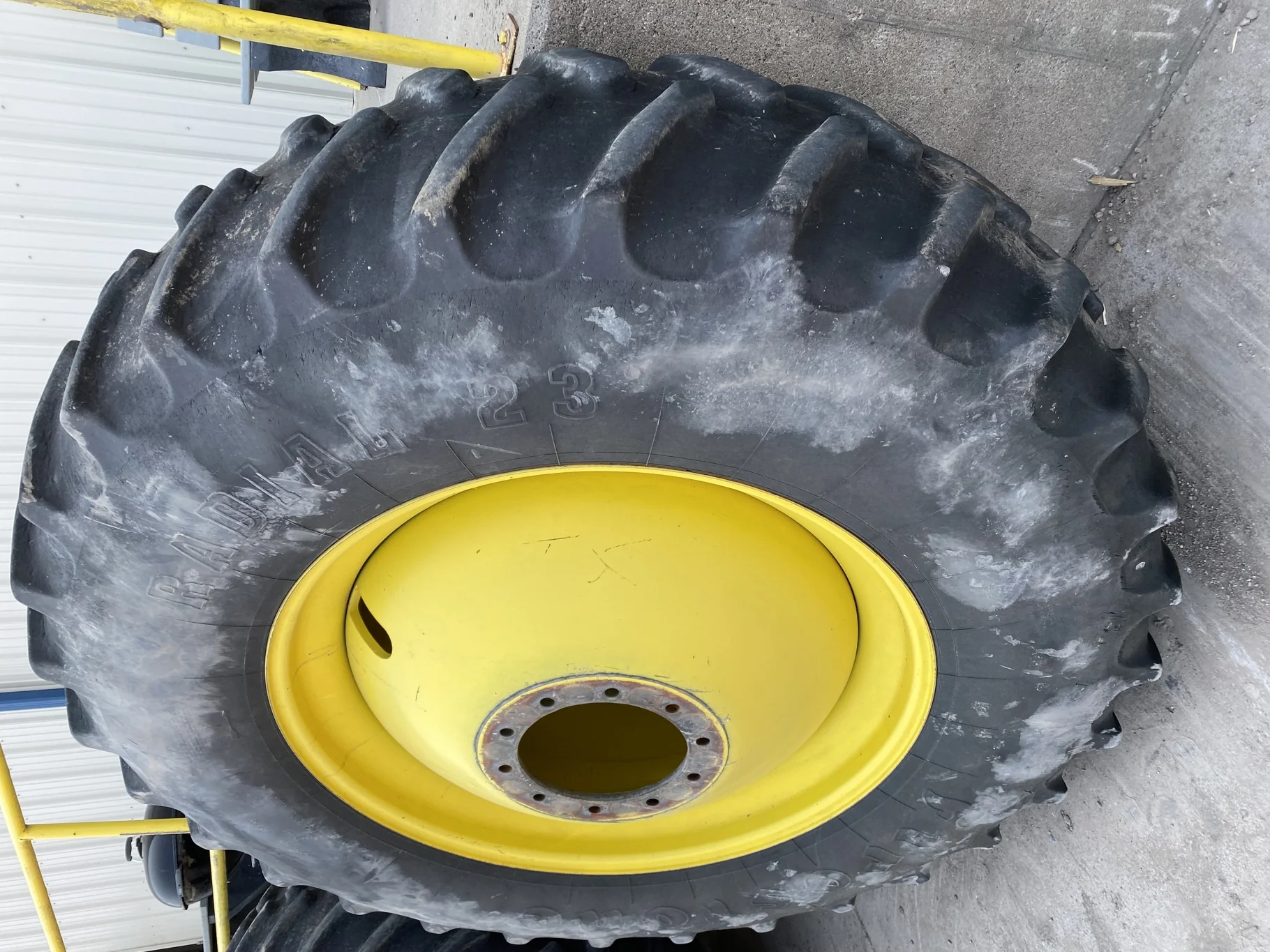 Used 55% 20.8R42 Firestone 23 on a 18 x 42 JD Yellow 10 Bolt Outside Dolly Dual   (Stubble, We image 2