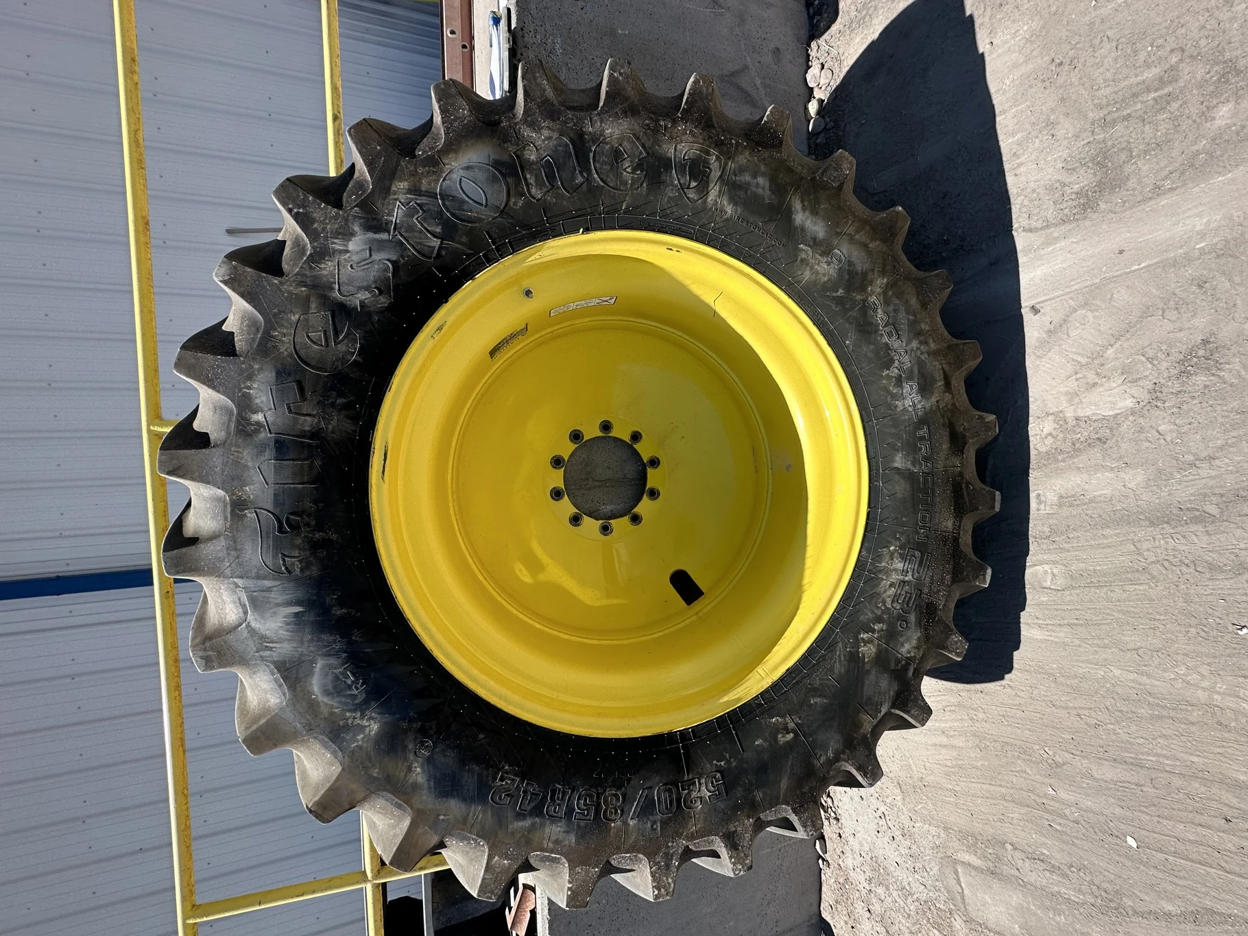 Used 75% 520/85R42 Firestone Radial All Traction 23 R-1 157B TL on 18 x 42 John Deere Yellow10 Bolt image 2