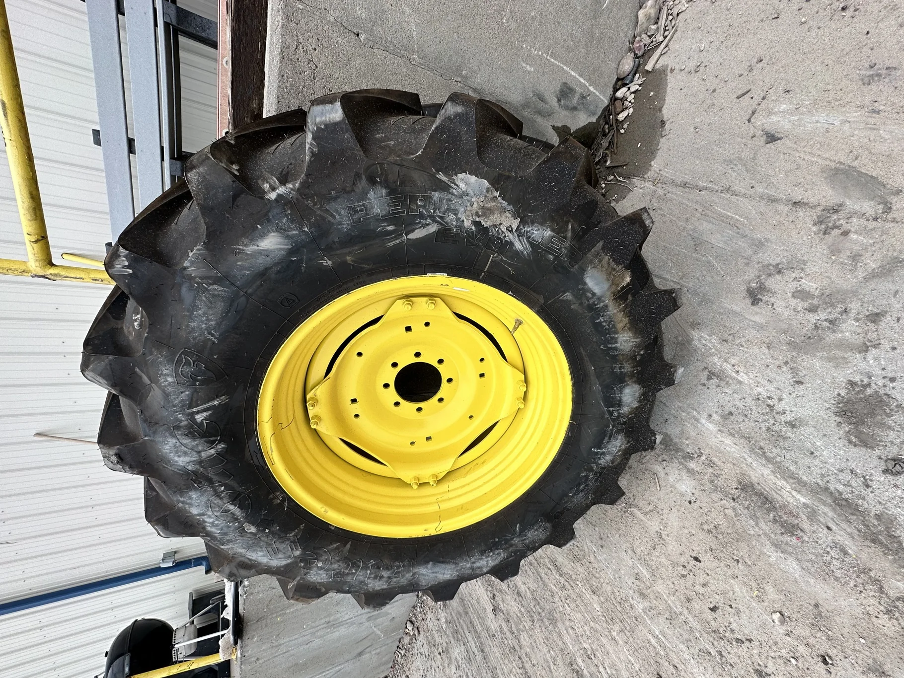 Take Off 460/85R30 Firestone Performer EVO R-1W (145D) TL on a 15 X 30 JD Yellow Waffle Wheel