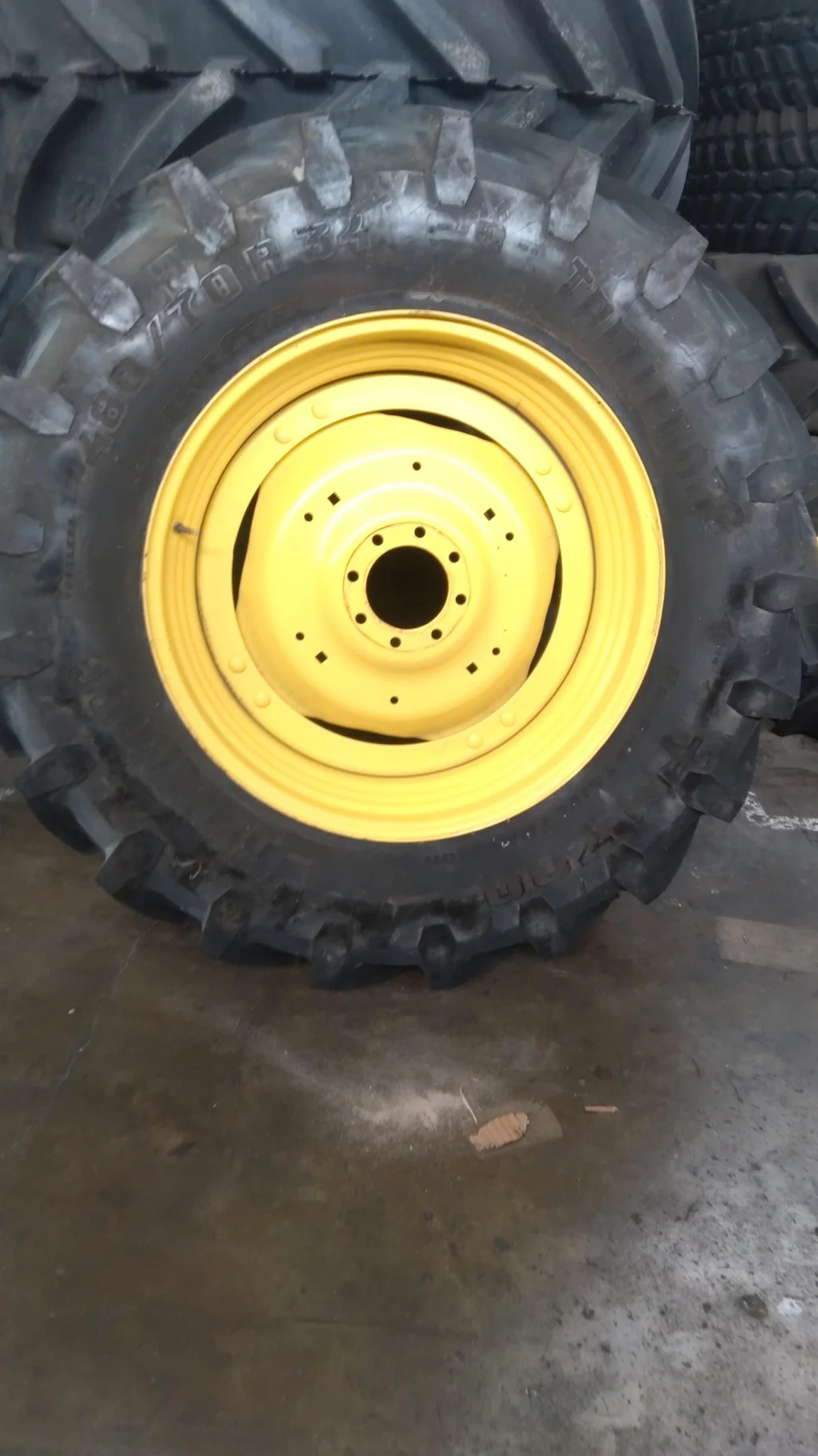 Take Off 480/70R34 Trelleborg TM700 R-1W (143A8/B) TL on a 15 X 34 John Deere Yellow 2 Bolt Waffle W