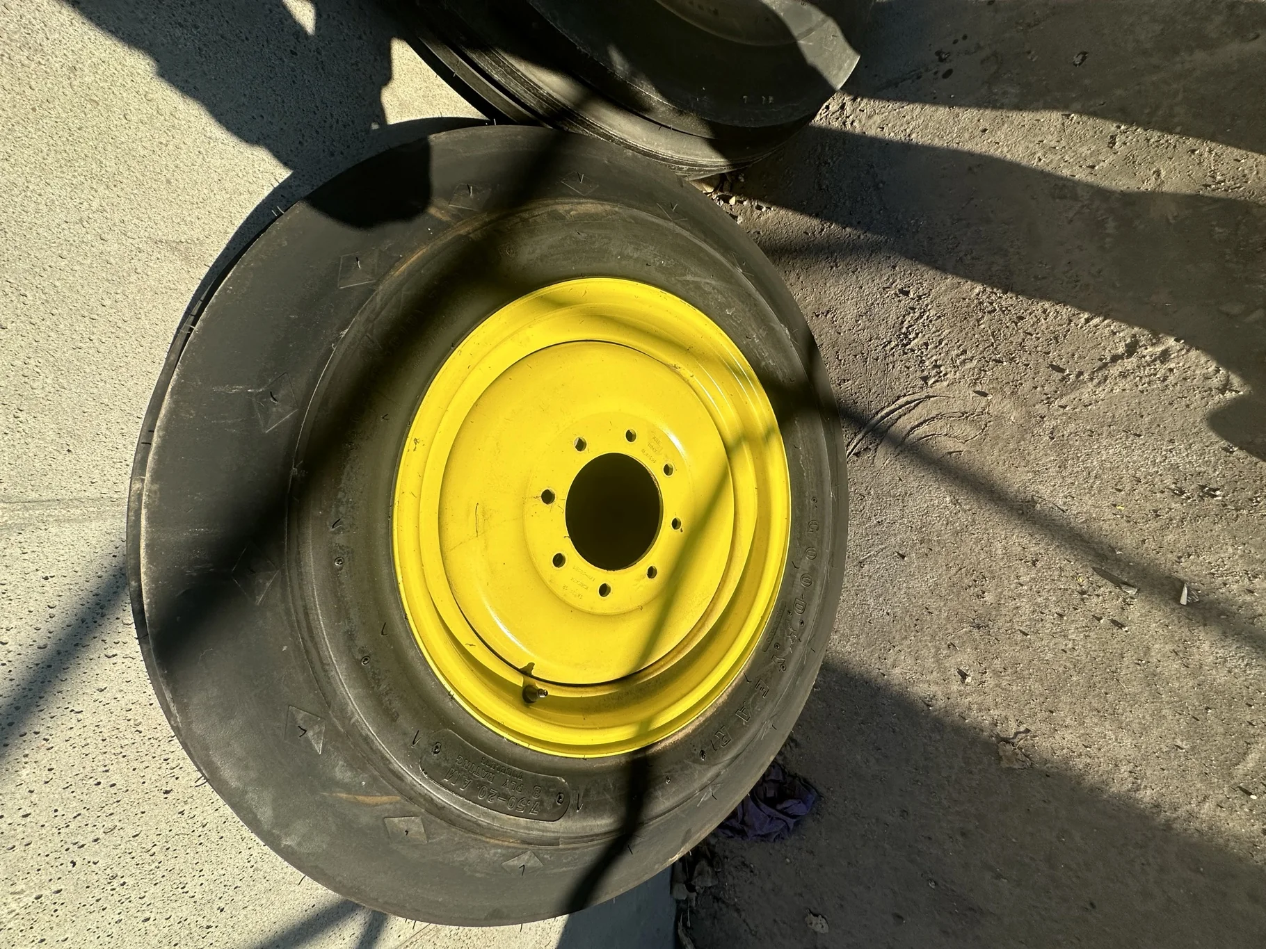 Take Off 7.50-20/8 Goodyear Super 3 Rib F-2 TL on a 5.5 x 20 8-8-6.0 JD Yellow Implement image 2