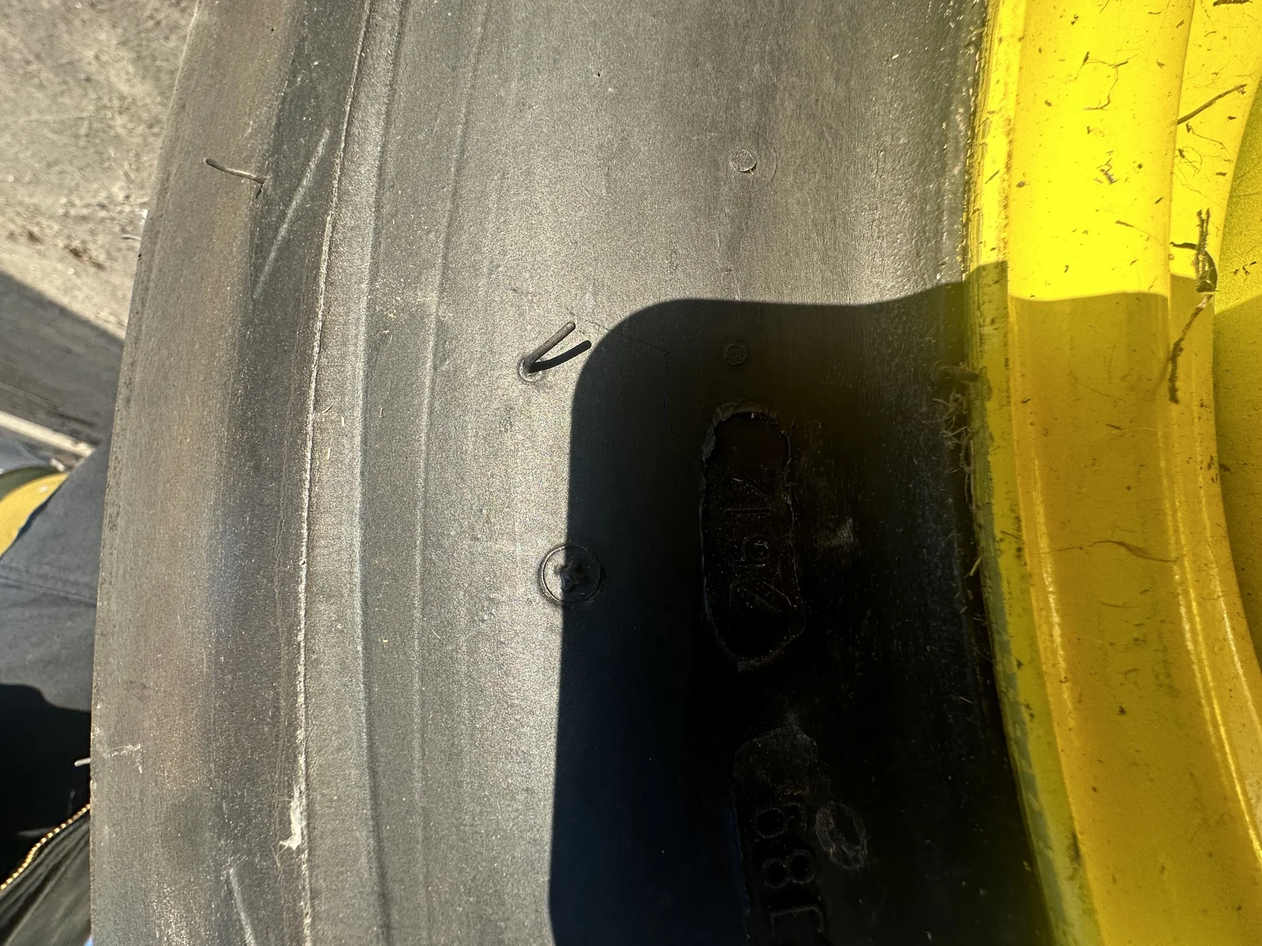 Take Off 7.50-20/8 Goodyear Super 3 Rib F-2 TL on a 5.5 x 20 8-8-6.0 JD Yellow Implement image 3