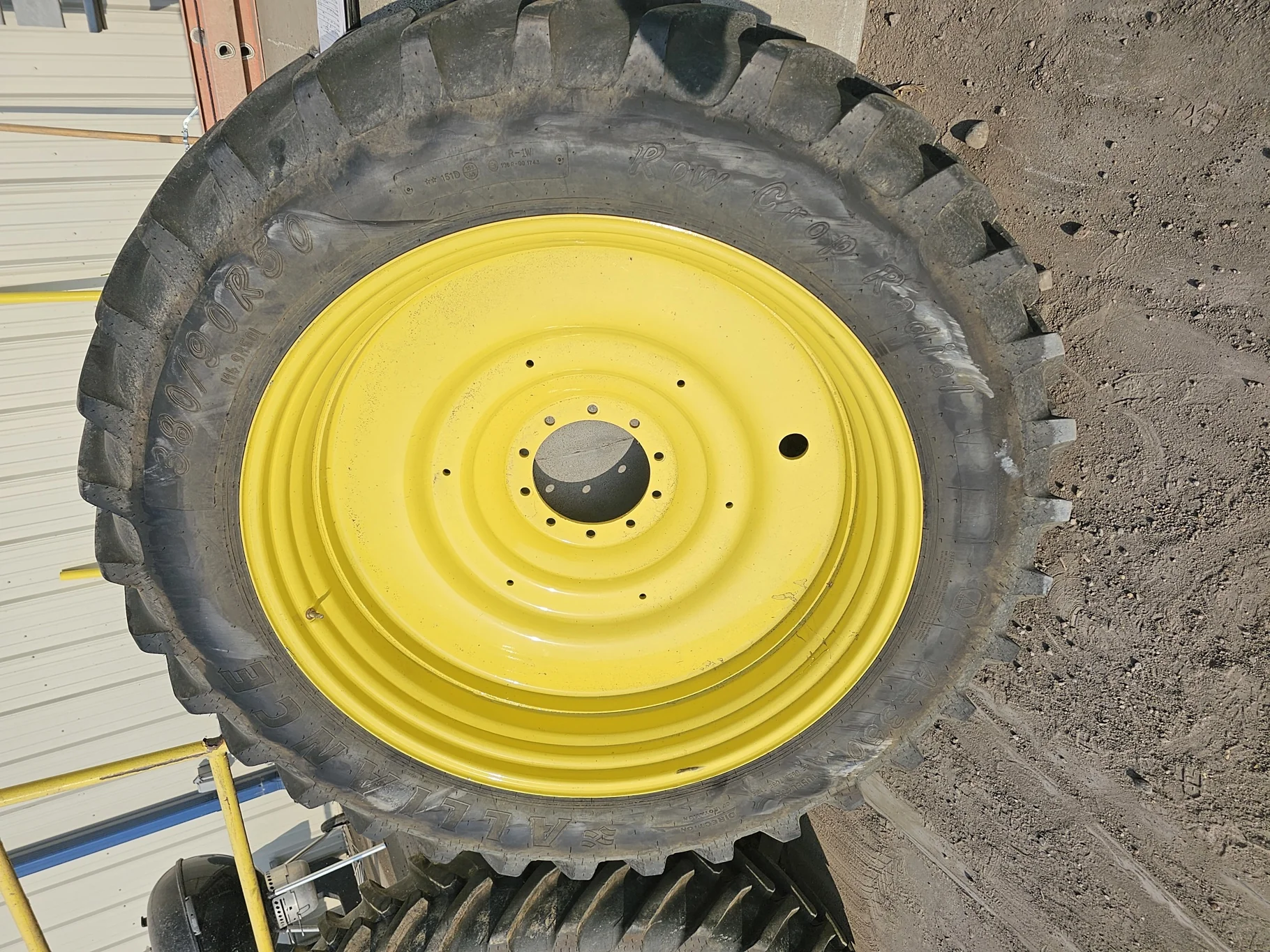 Used 80% 380/90R50 (14.9R0) Alliance Row Crop Radial R-1W 151D TL on a 12 x 50 John Deere Yellow