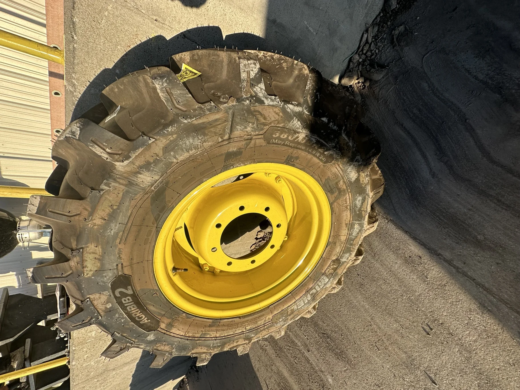 Take Off 380/85R24 Michelin AgriBib2 R-1W 130A8/127B TL on a 12 X 24 JD Yellow 2 Bolt GKN Waffle Wh