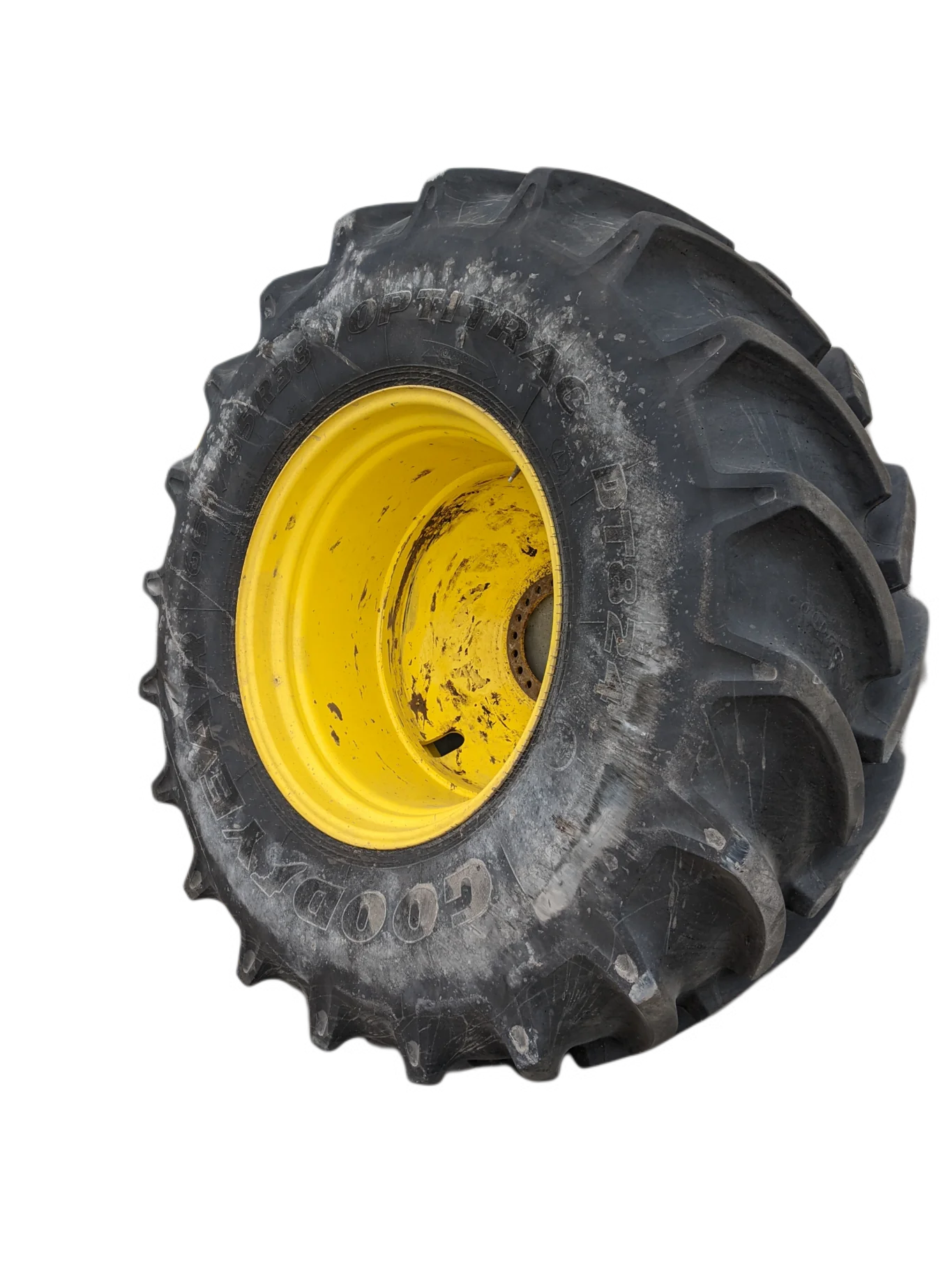 Used 95% 650/85R38 Goodyear Optitrac DT 824(173D) R-1W TL on a 23 x 38 JD Yellow 20 Bolt Insid
