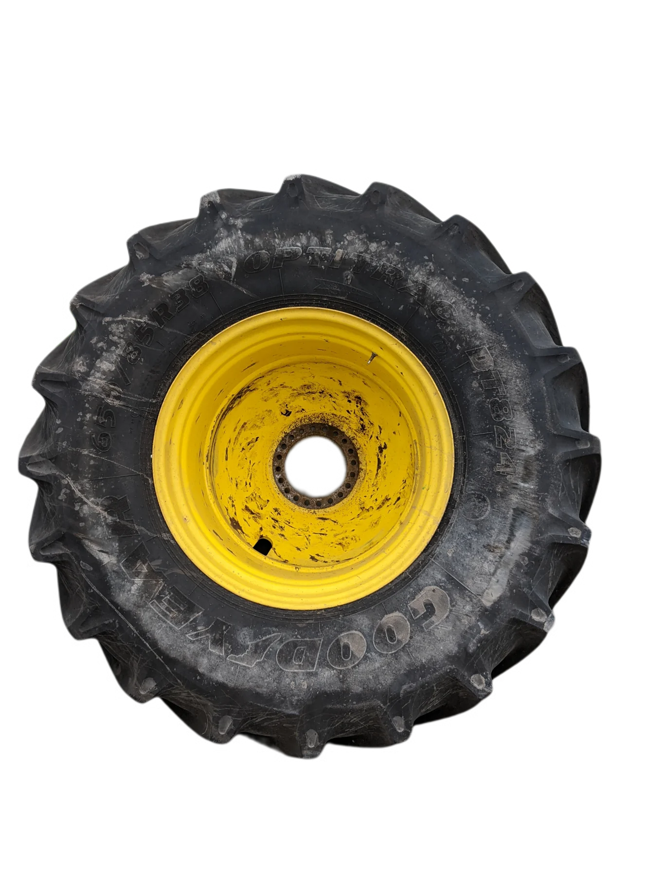 Used 95% 650/85R38 Goodyear Optitrac DT 824(173D) R-1W TL on a 23 x 38 JD Yellow 20 Bolt Insid image 2