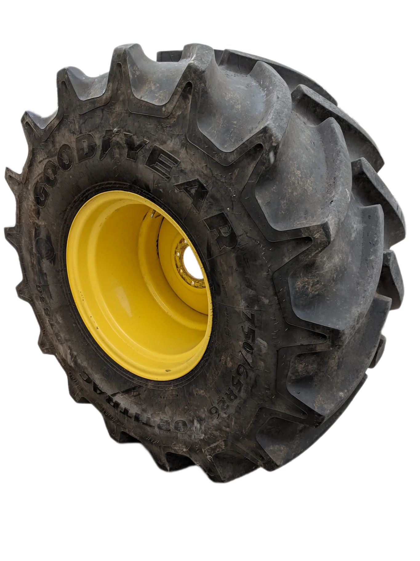 Used 95% 750/65R26 Goodyear Optitrac DT830 R-1W (166D) TL on a 25 x 26 JD Yellow 8 Bolt (.906)