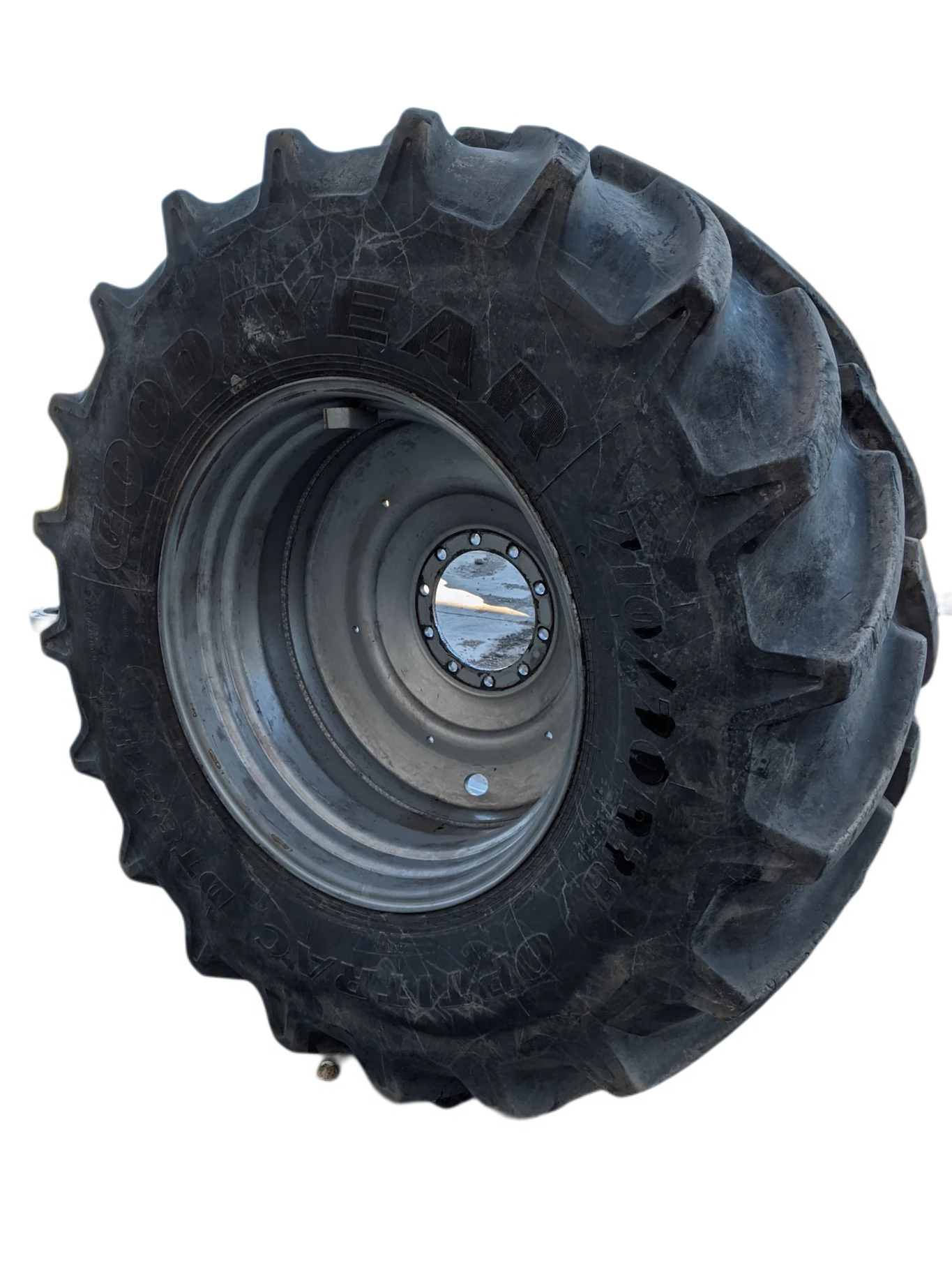 Used 710/70R38 166D Goodyear Optitrac DT824 R-1W TL 80% On 23 x 38 10 Bolt Dual Wheel Case Silver