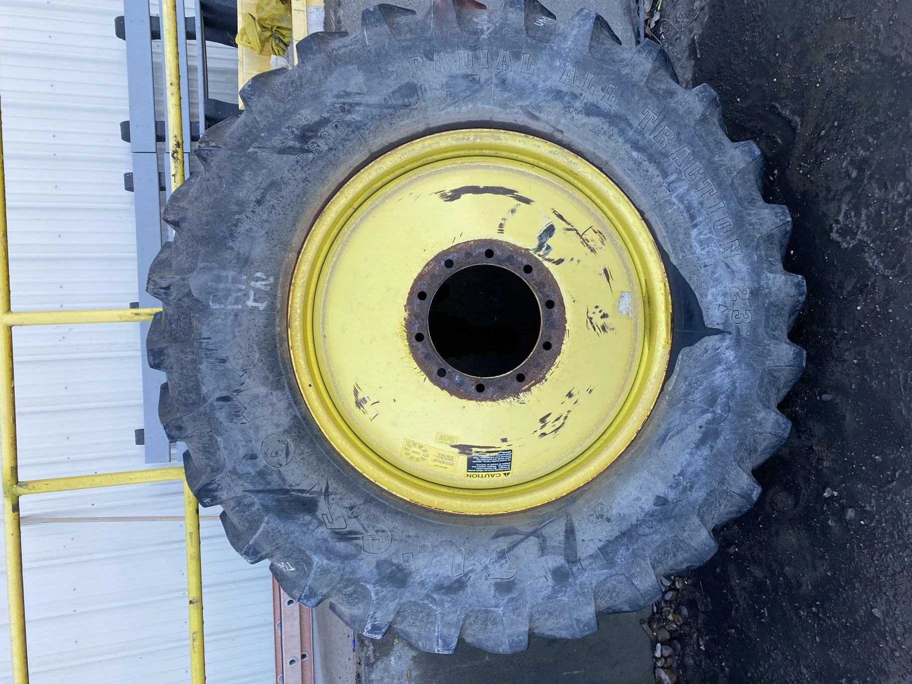 Used 520/85R38 155B Firestone Radial All Traction 23 R-1 TL 90% on 18 x 38 John Deere Yellow 10 Bol image 4