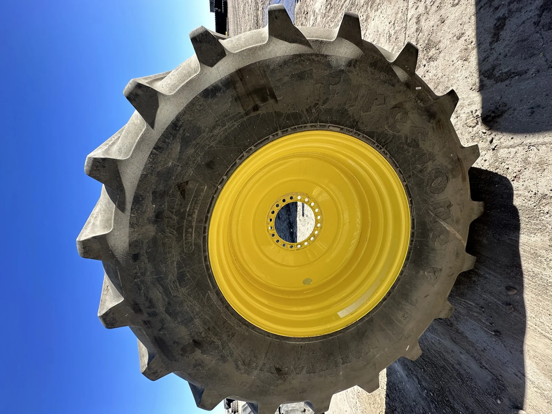 Used 85% VF800/70R38 Firestone Maxi Traction R-1W 179D TL on a 27 x 38 JD Yellow 20 Bolt (.906 image 2