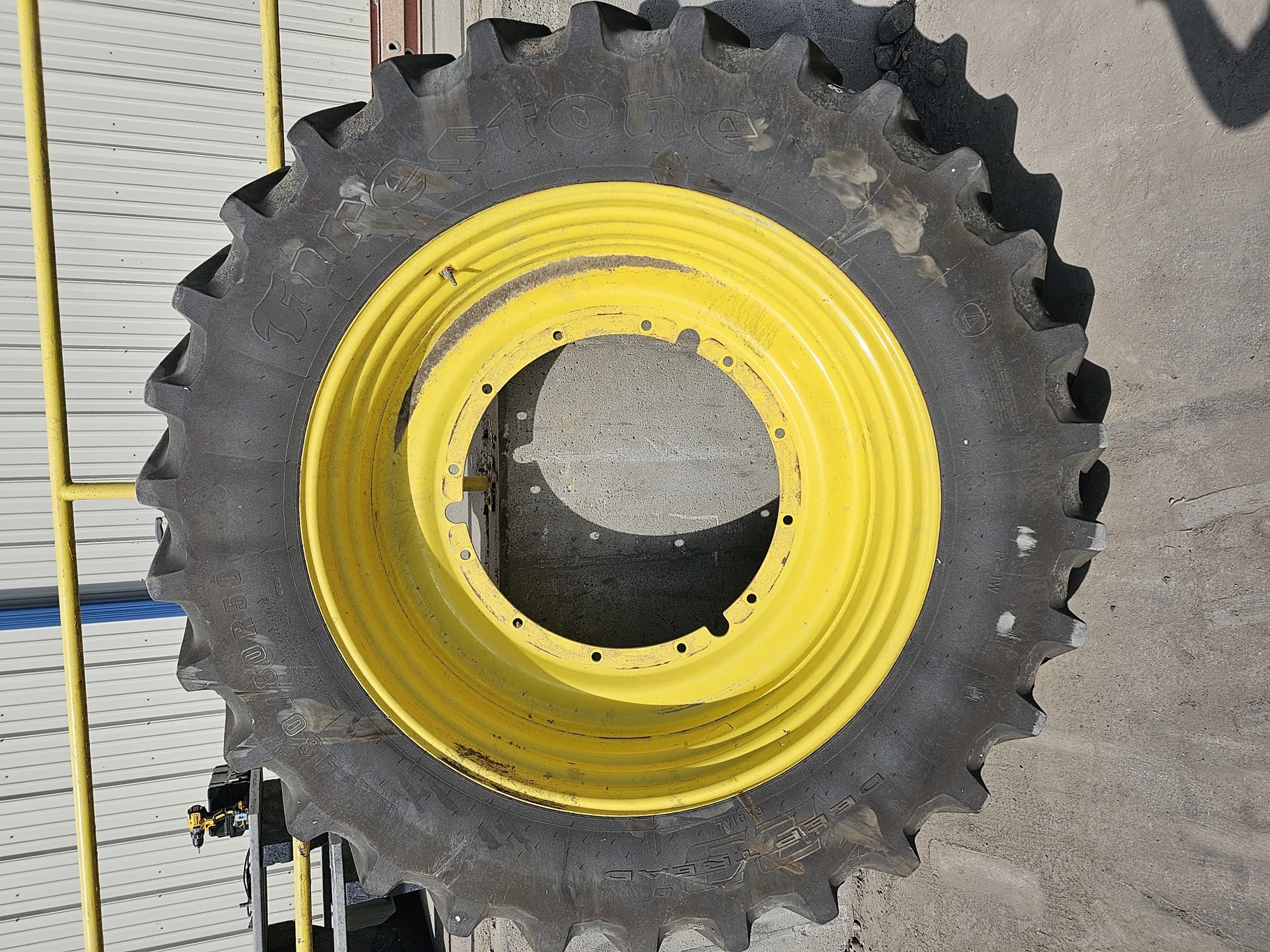 Used 75% 480/80R50 Firestone Radial Deep Tread 23 R-1W 159B TL on 15 x 50 John Deere Yellow 12 Bolt image 2