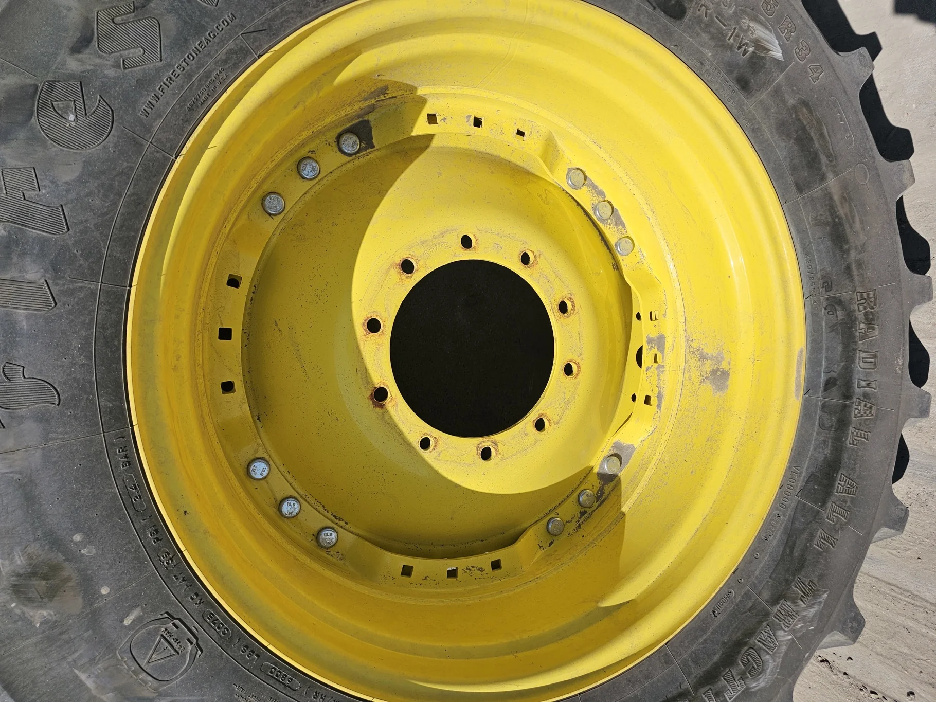 Used 79% 420/85R34 Firestone Radial All Traction DT R-1W 147B TL on a 15 x 34 JD Yellow Waffle image 6