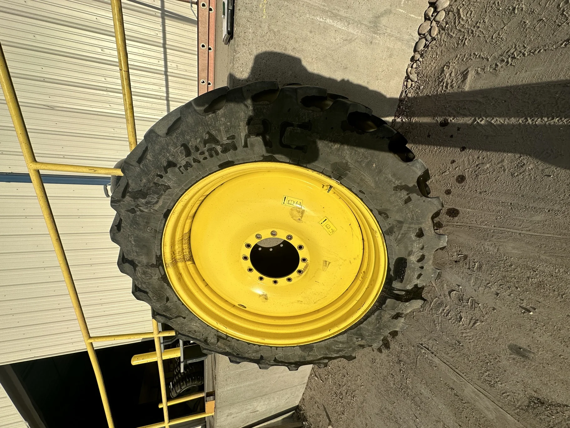 Used 78% IF380/90R46 Firestone Radial 9000 R-1W 159B TL on a 13 x 46 JD Yellow 12 Bolt Sprayer