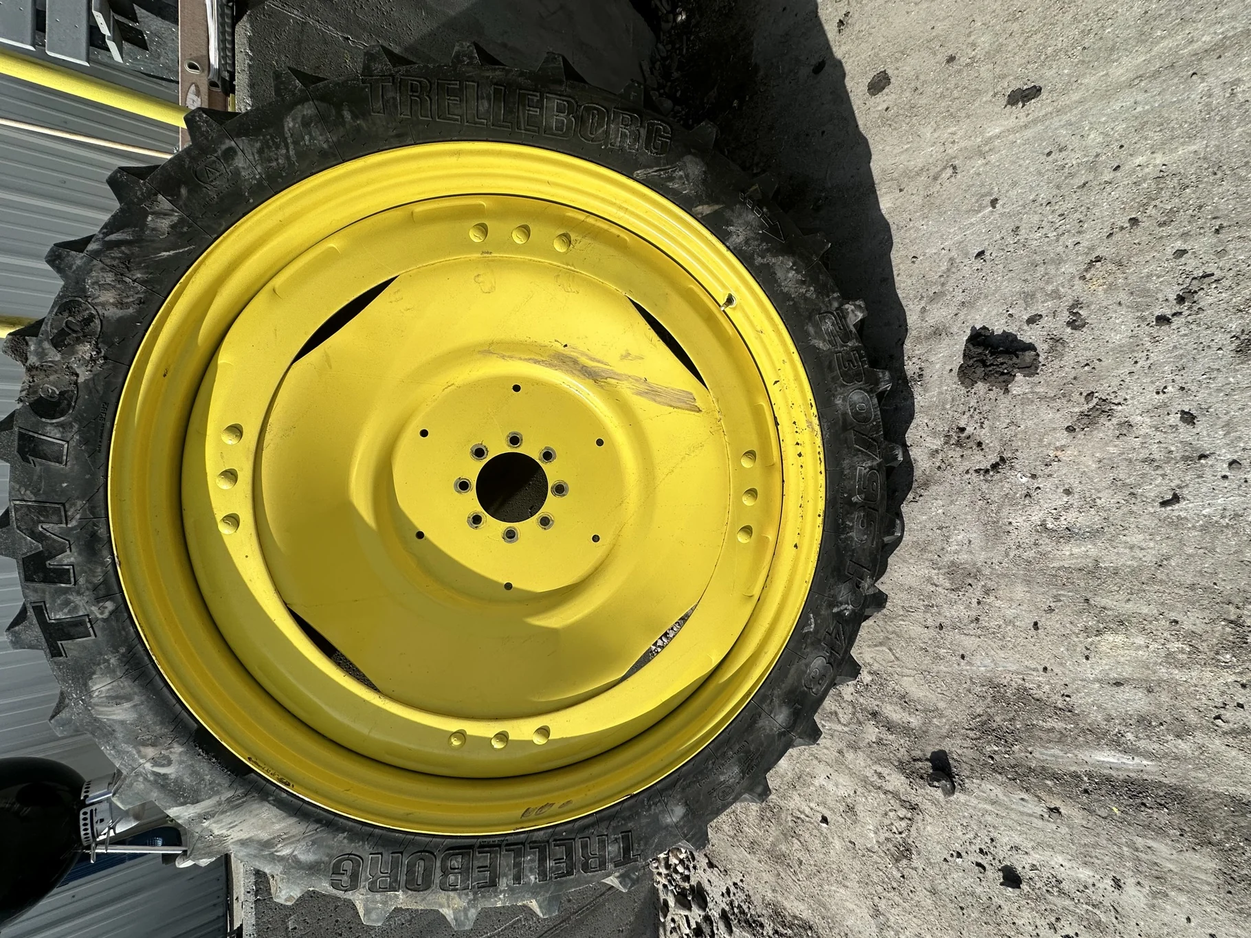 Used 80% 230/95R48 Trelleborg TM100 R-1 136B TL on a 8 x 48 JD Yellow 3 Bolt Waffle Wheel With image 2