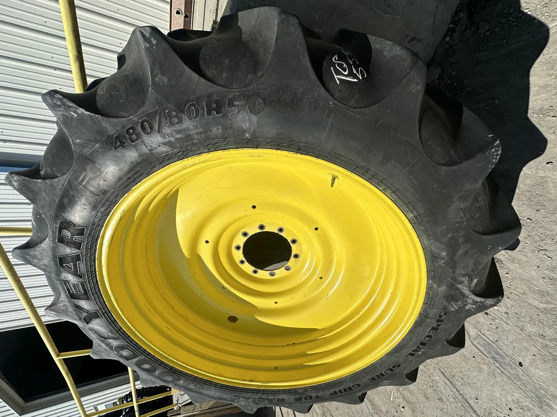 Used 480/80R50 159B Goodyear Special Sure Grip TD8 Radial R-2 TL 65% On 15 x 50 Yellow Wheel