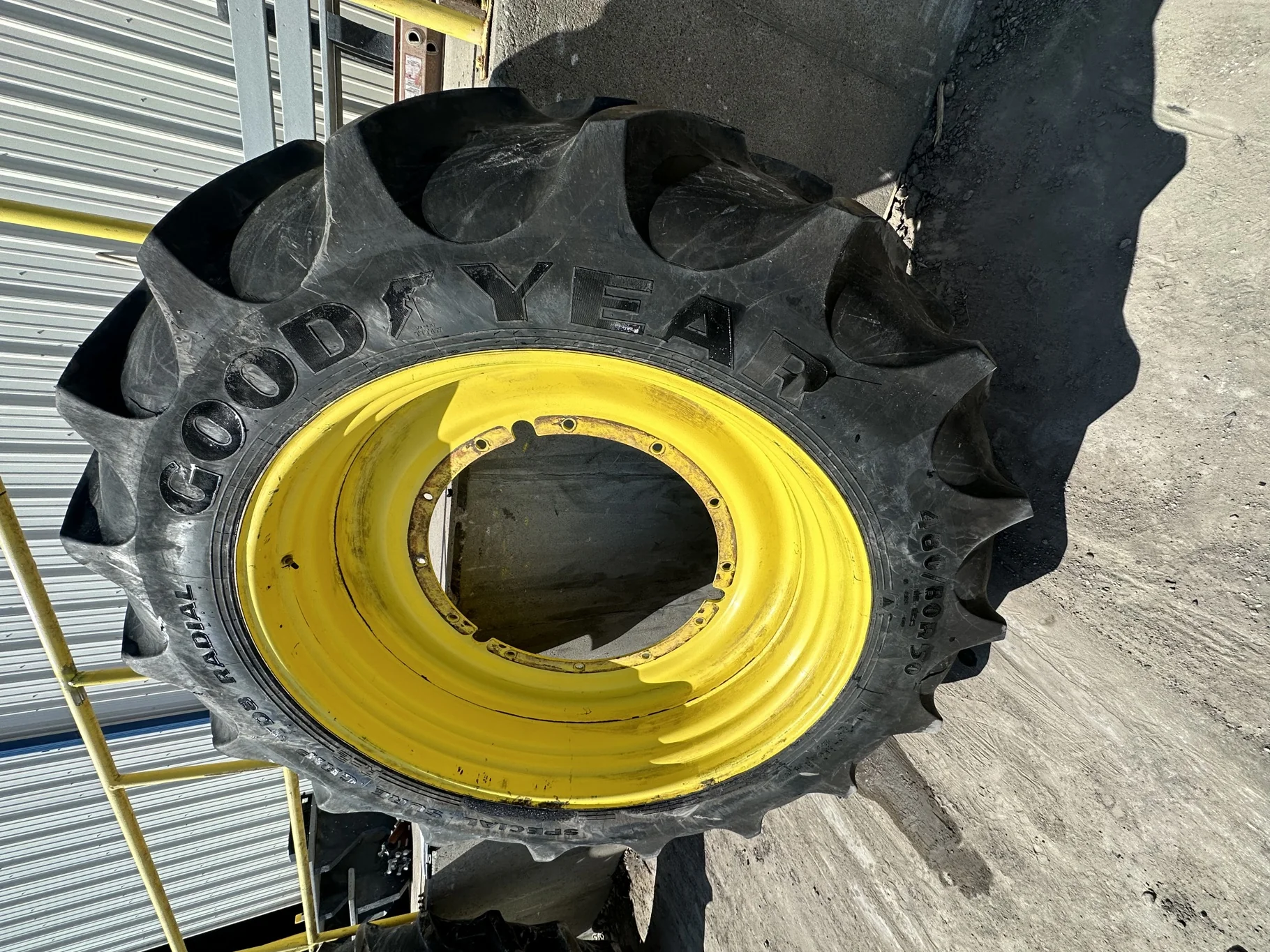 Used 480/80R50 158A8/B Goodyear Special Sure Grip TD8 Radial R-2 TL 75% On 15 x 50 JD Yellow Wheel