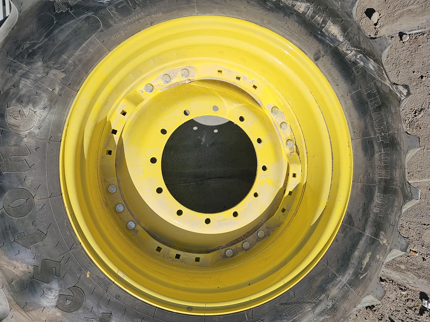 New Take-Off 420/85R34 Firestone RAT DT R-1W 147B TL on 34 X 15 JD Yellow Waffle Wheel (3 Bolt) image 4
