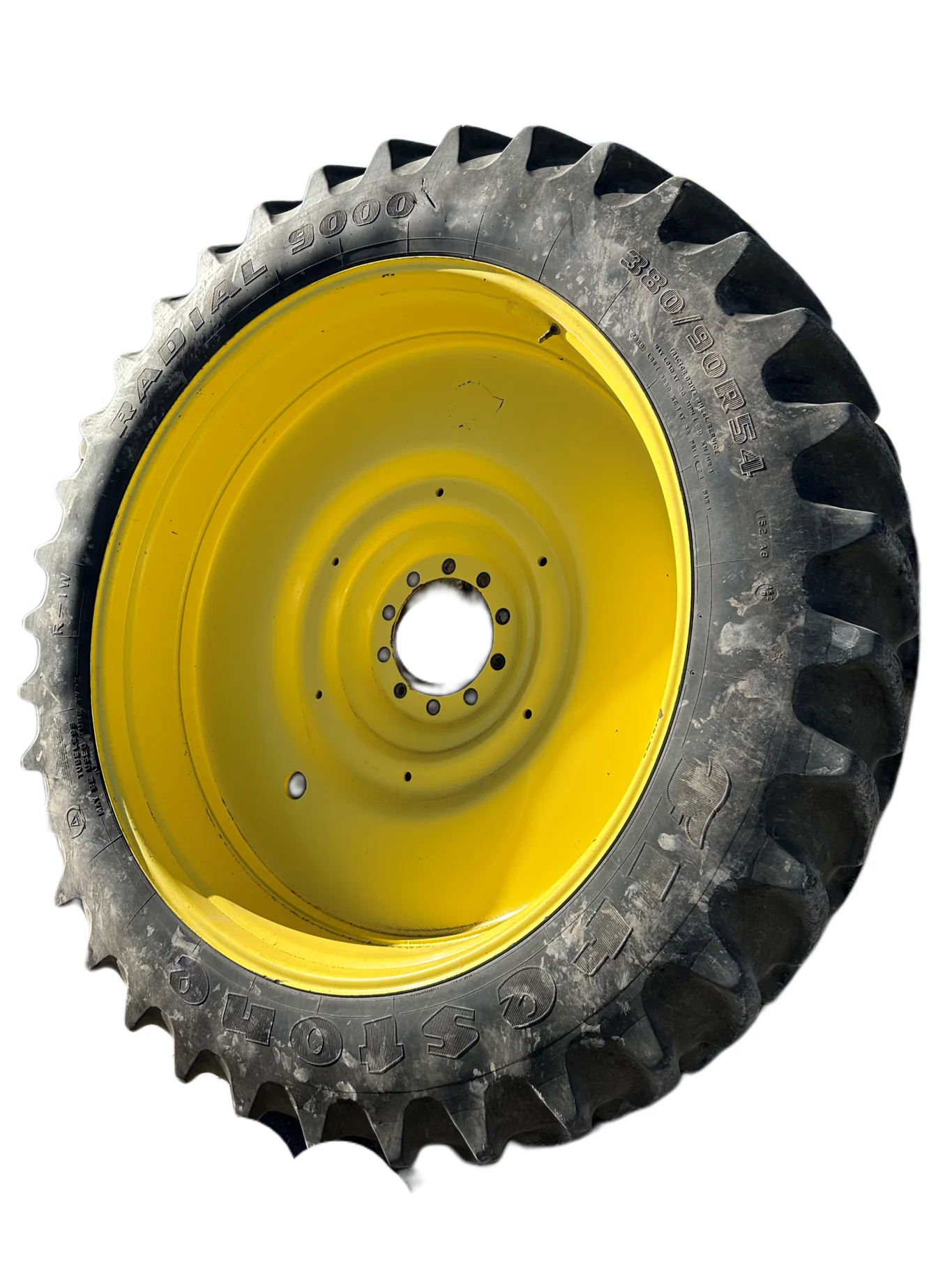 Used 65% 380/90R54 Firestone Radial 9000 R-1W (152B) TL on a 12 x 54 JD Yellow 10 Bolt (.937)