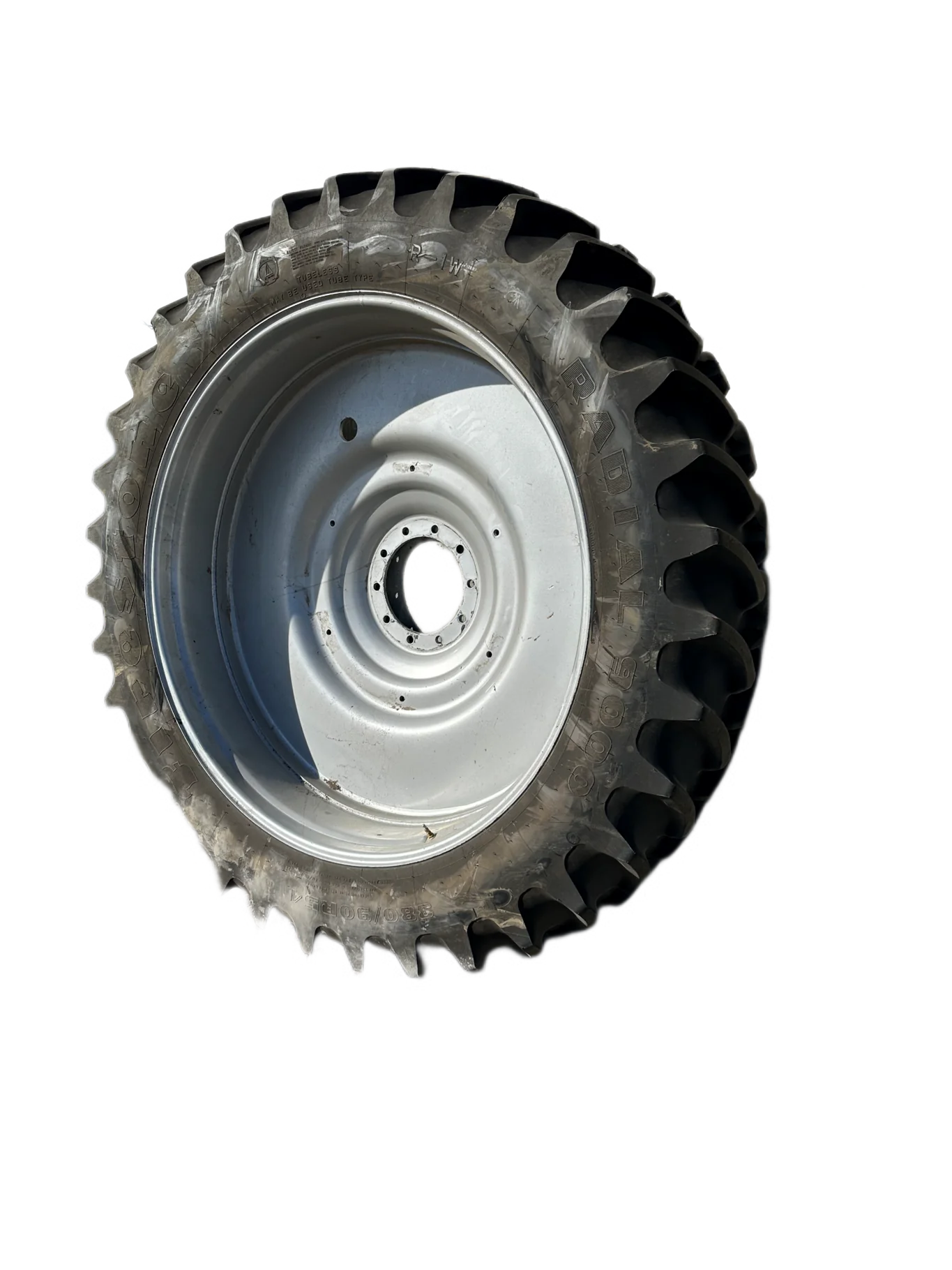 Used 95% 380/90R54 Firestone Radial 9000 R-1W (152B) TL on a 12 x 54 Case Silver 10 Bolt Dual Wheel