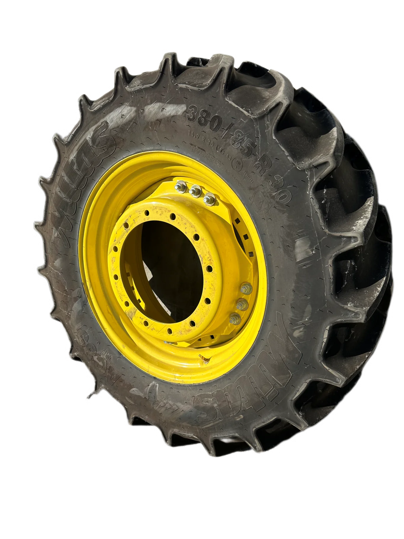 USED 95% 380/85R30 (14.9R30) Mitas AC85 (135A8/135B) TL on a 13 X 30 JD Yellow 12 Bolt Waffle