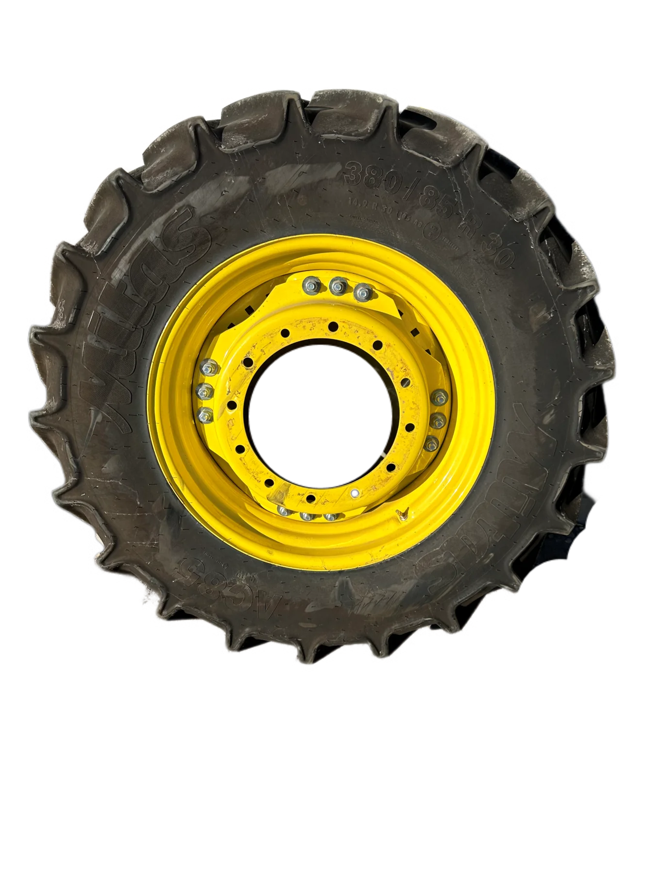 USED 95% 380/85R30 (14.9R30) Mitas AC85 (135A8/135B) TL on a 13 X 30 JD Yellow 12 Bolt Waffle image 2