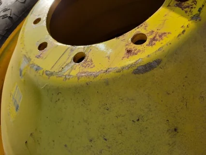Used 70% 520/85R42 Firestone Radial all Traction 23 on 18 x 42 JD Yellow 10 Bolt Dolly Dual image 7
