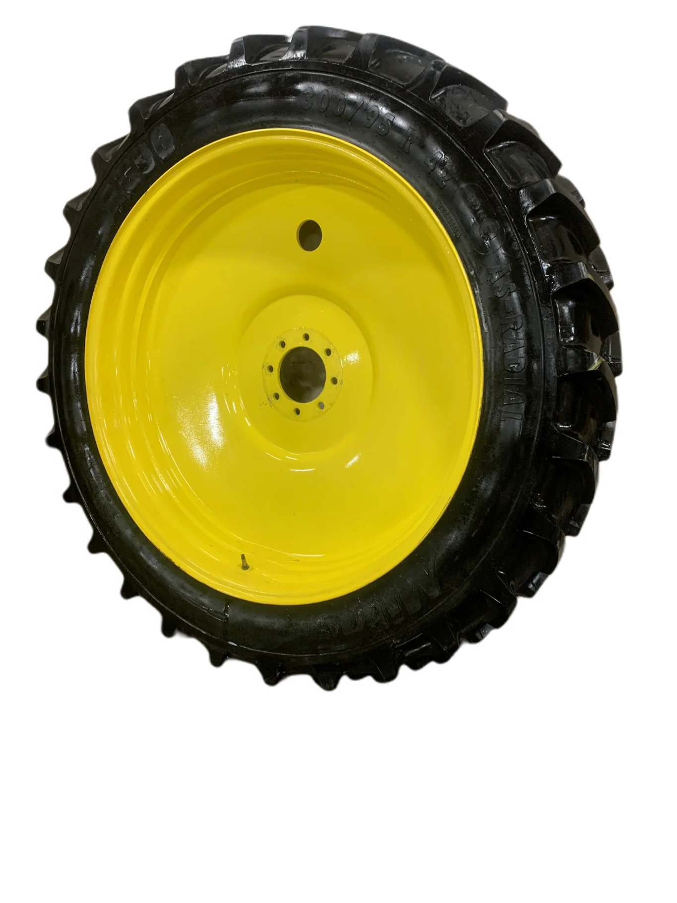 Used 85% 300/95R42 (12.4-42) Mitas AC90 (147A8/144B) TL on a 10 x 42 John Deere Yellow Dual