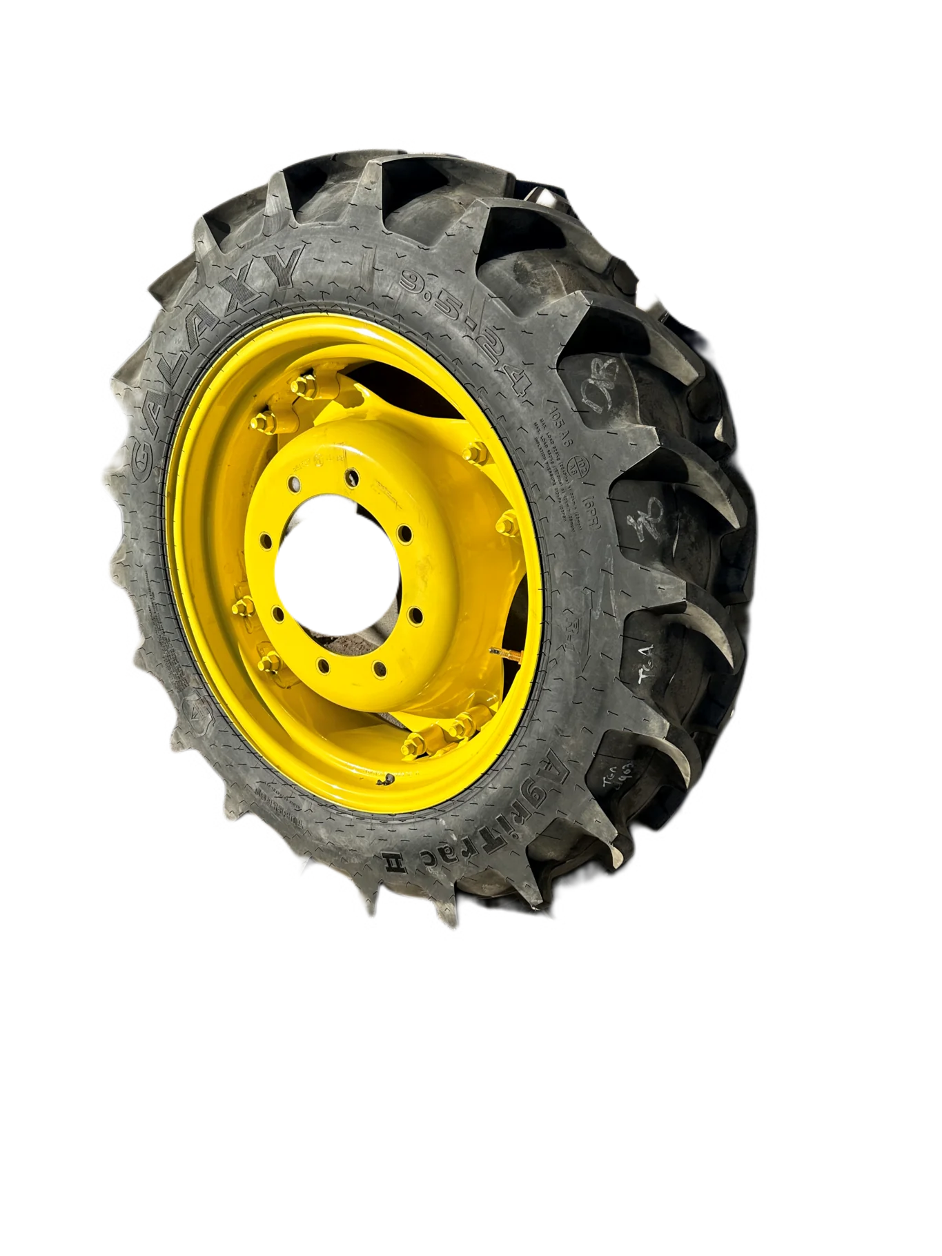 USED 98% 9.5-24 Galaxy Agritrac 2 R-1 (102A8) TL on a 8 X 24 JD Yellow 2 Bolt Waffle Wheel (8-