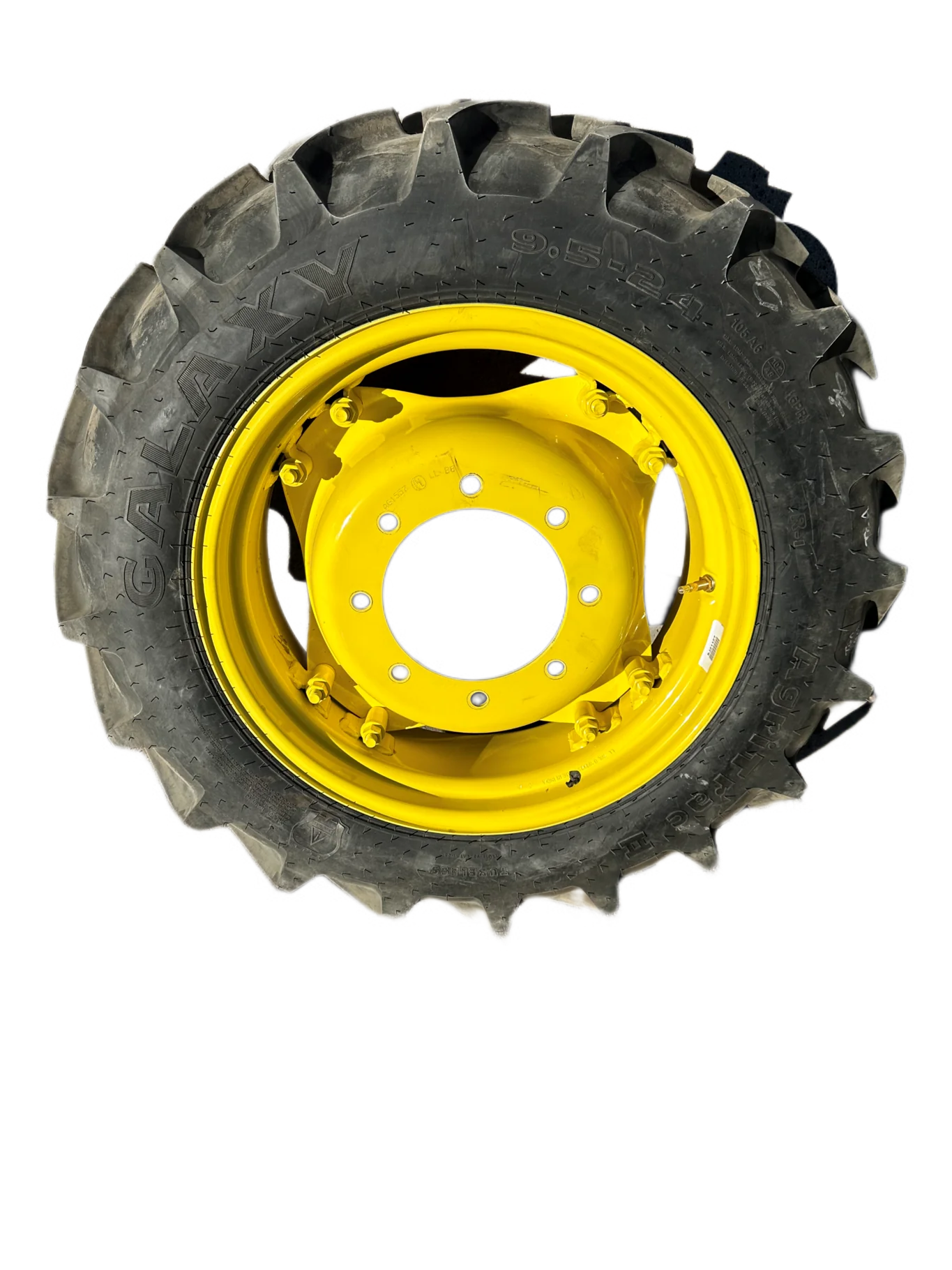 USED 98% 9.5-24 Galaxy Agritrac 2 R-1 (102A8) TL on a 8 X 24 JD Yellow 2 Bolt Waffle Wheel (8- image 2