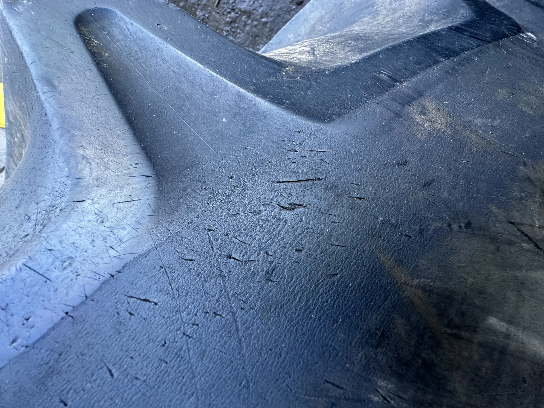Used 90% 650/85R38 Goodyear Optitrac 173D R-1W TL on a 23 x 38 JD Yellow 10 Bolt Outside Dolly image 9