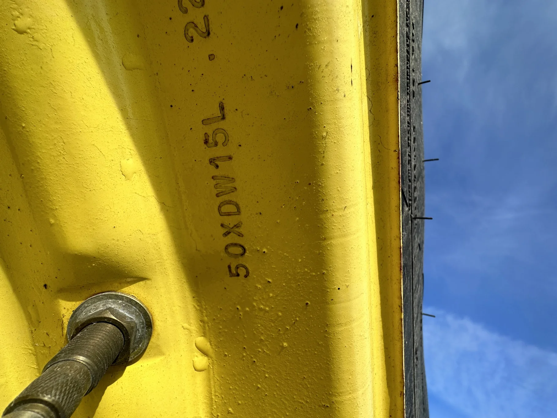 Used 65% VF480/80R50 Michelin YieldBib R-1W 166A8/166B TL on a 15 x 50 JD Yellow 10 Bolt (.906 image 9