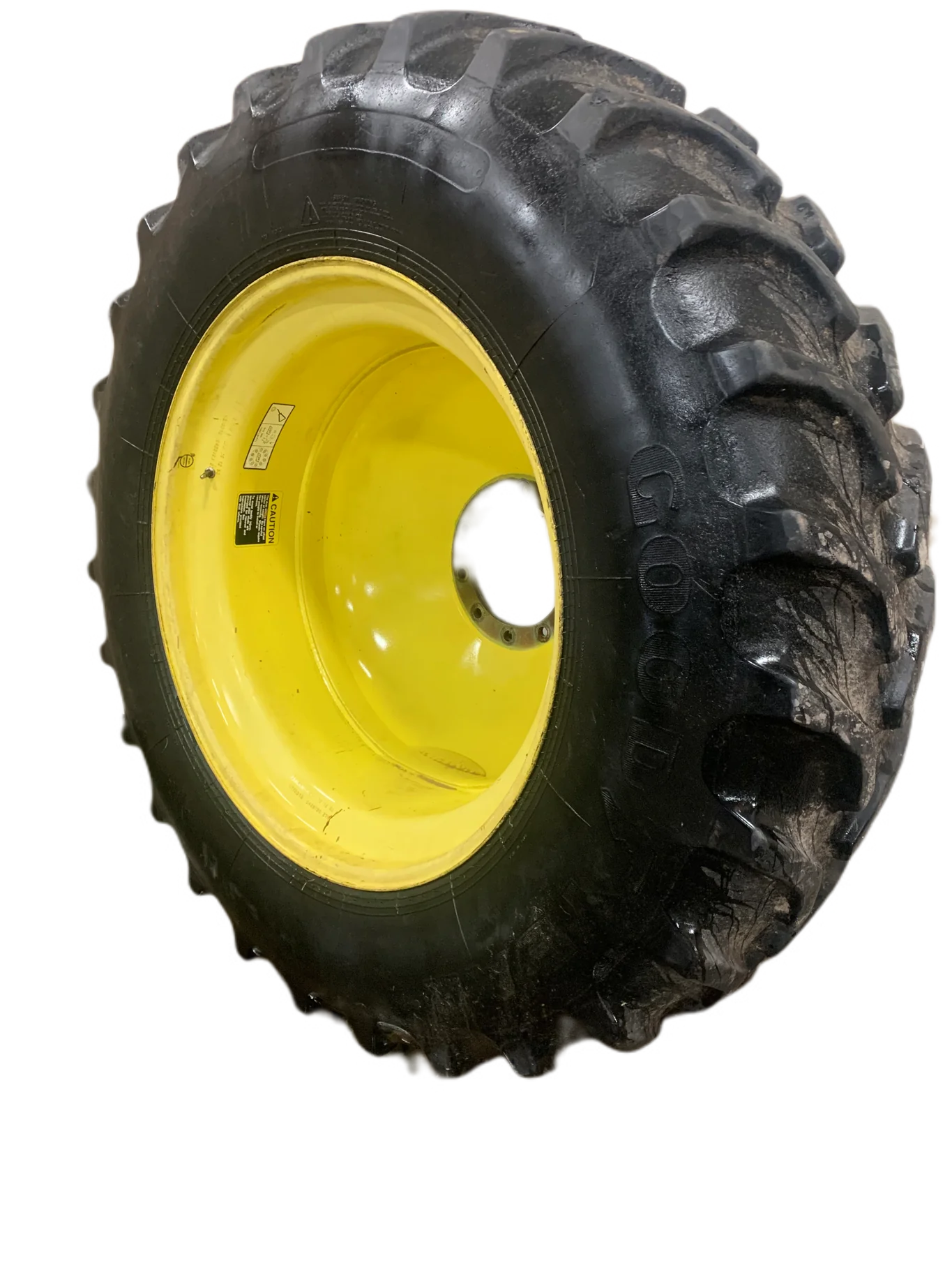 Used 70% 520/85R42 Goodyear Dyna Torque Radial 157A8/B R-1 TL on a 16 x 42 JD Yellow 10 Bolt D