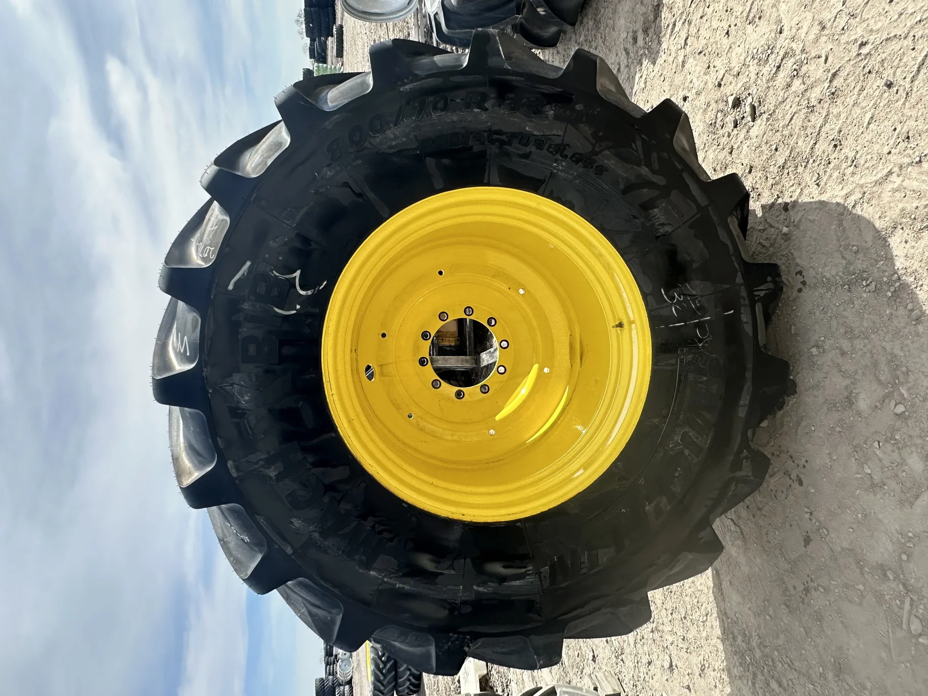 Take Off 800/70R38 Michelin MachXBib R-1W 173D TL on a 27 X 38 JD Yellow 10 Bolt (.937) 5/8" F image 2