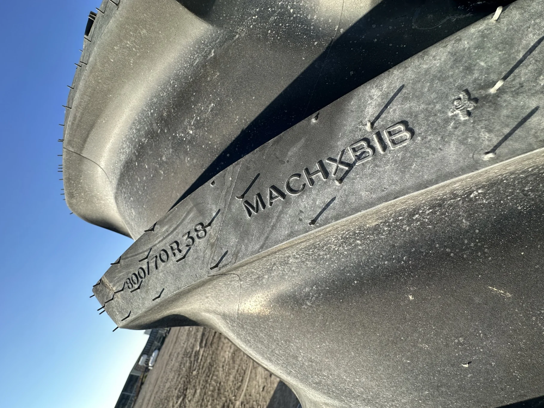 Take Off 800/70R38 Michelin MachXBib R-1W 173D TL on a 27 X 38 JD Yellow 12 Bolt Stub Disc (12 image 5