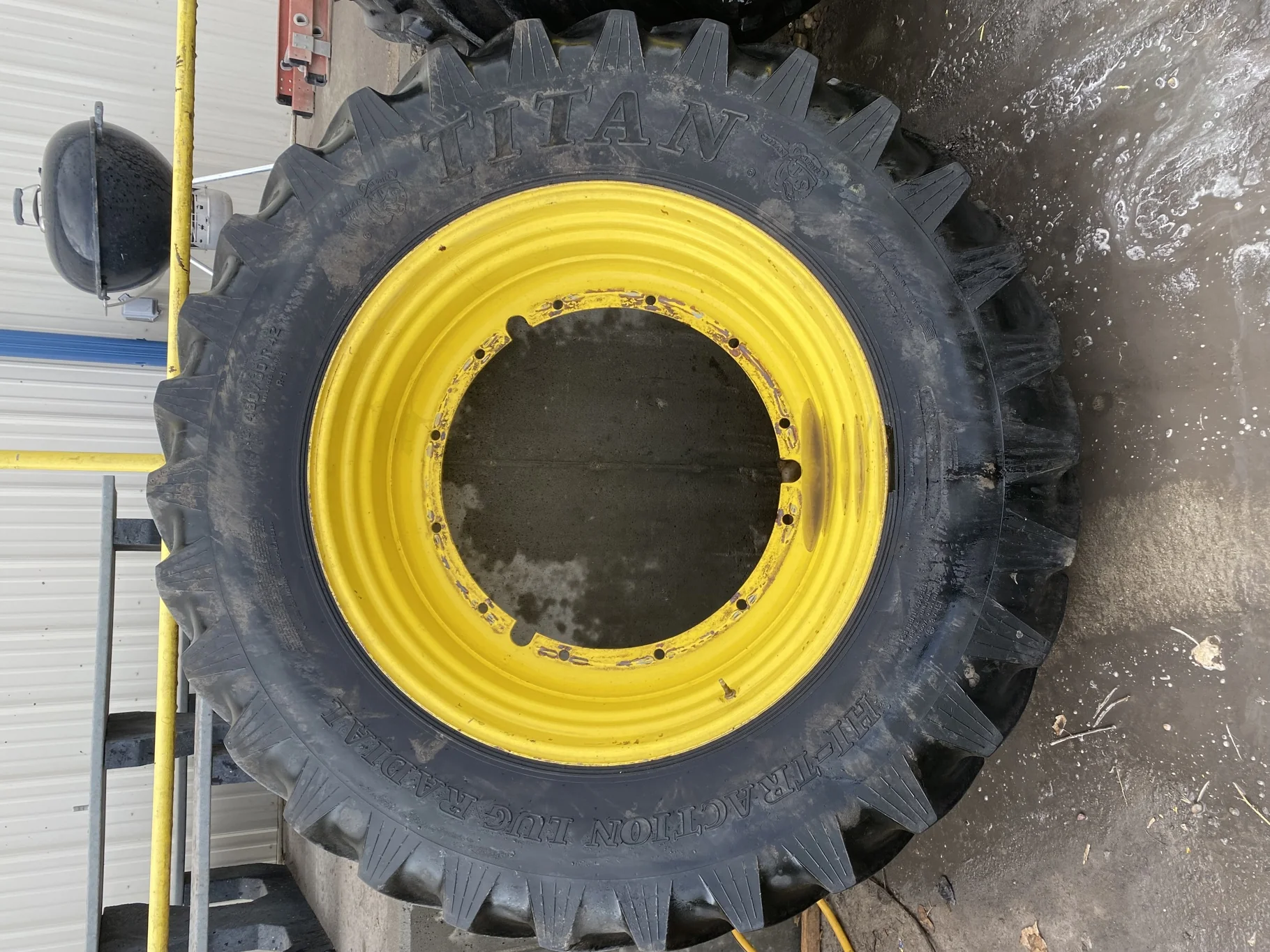 Used 70% 480/80R42 Titan Hi Traction Lug Radial R-1 151A8/B TL on a 16 x 42 JD Yellow 12 bolt image 6