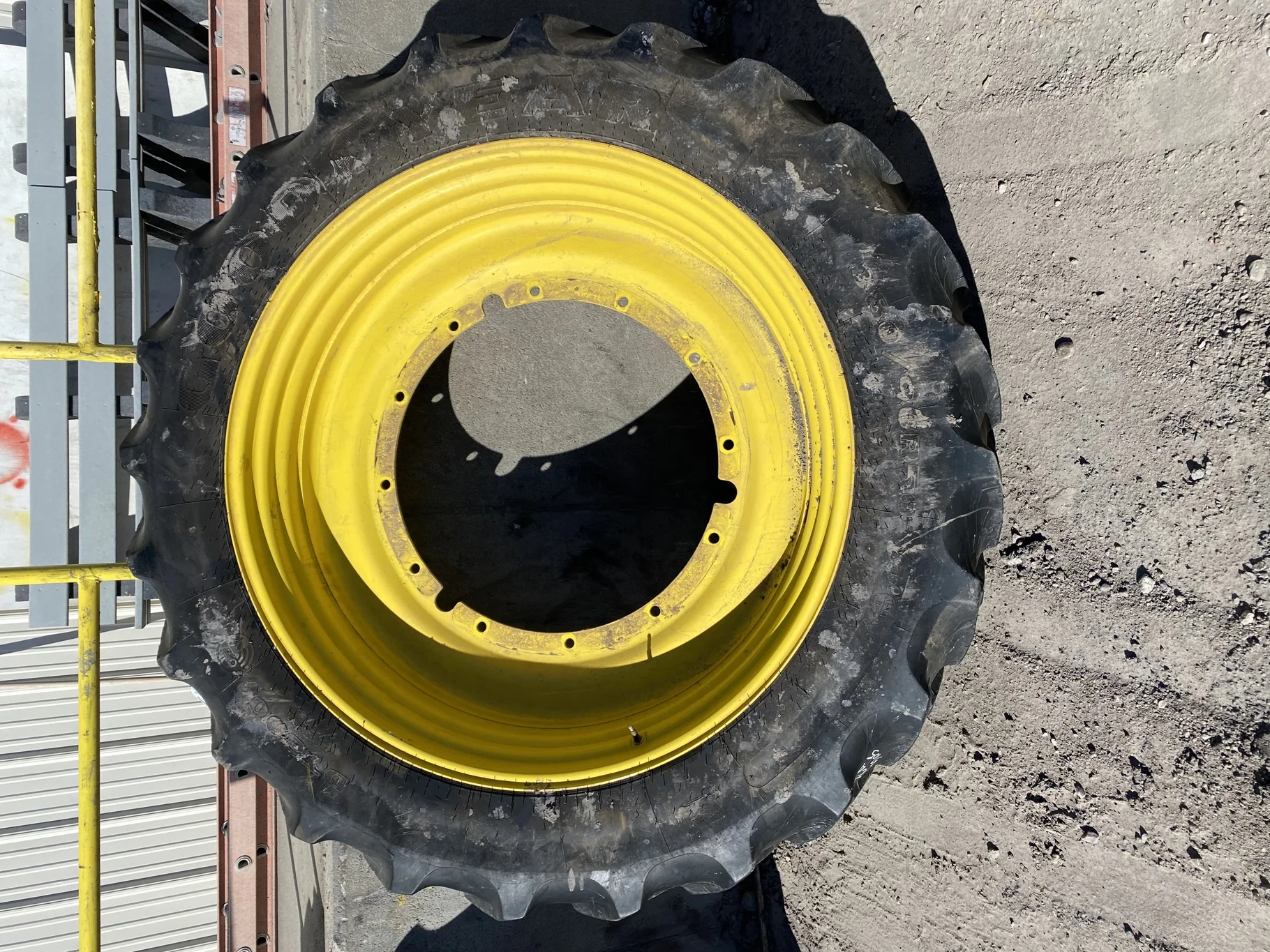 Used 65% 380/90R50 Goodyear DT800 R-1W (151A8) TL on a 12 x 50 JD Yellow 5/8" 12 Bolt (.938) S