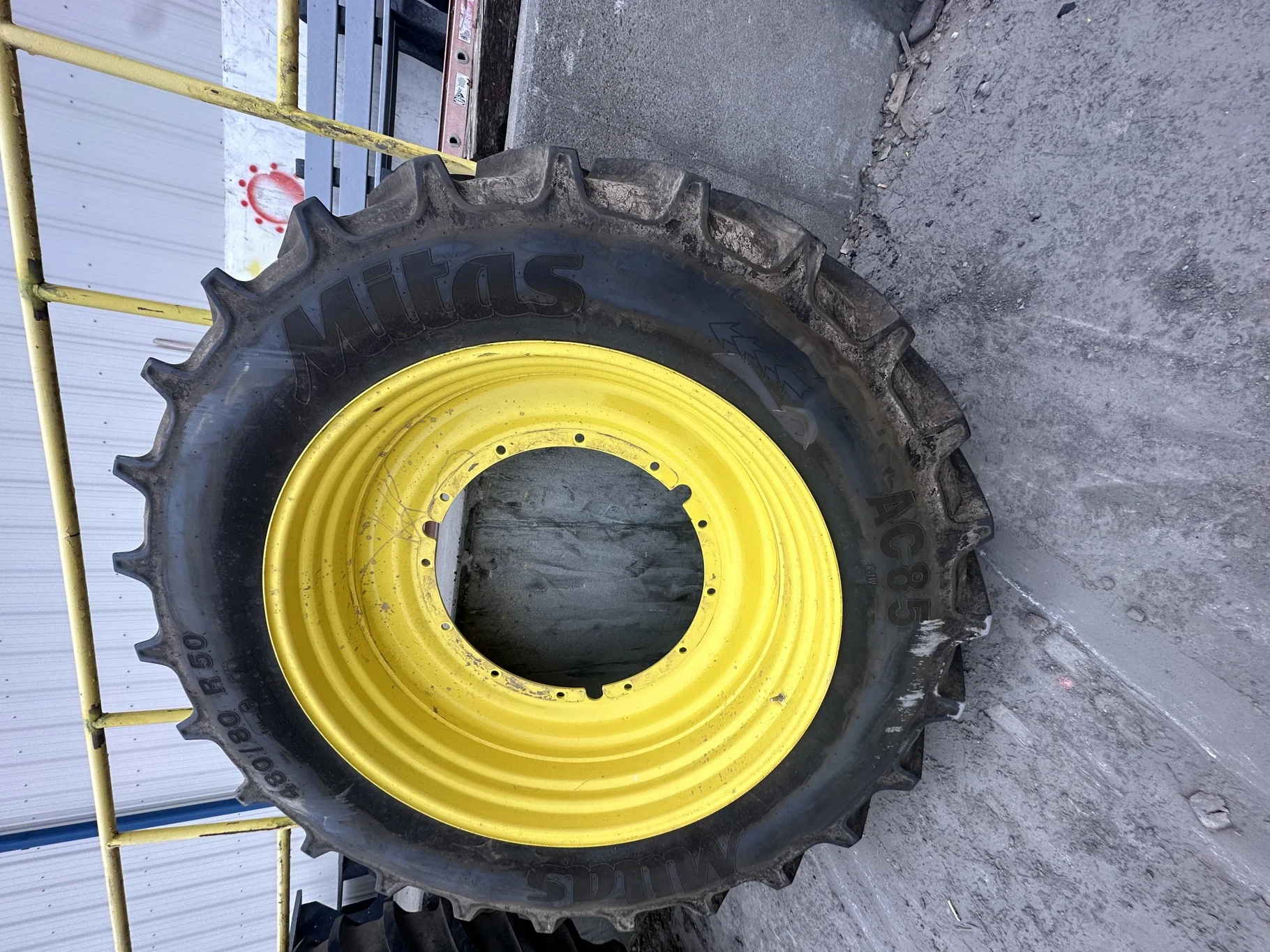 Used 90% 480/80R50 Mitas AC85 R-1W 159B TL on a 15 x 50 JD Yellow 12 Bolt Stub Disc (12-32.047