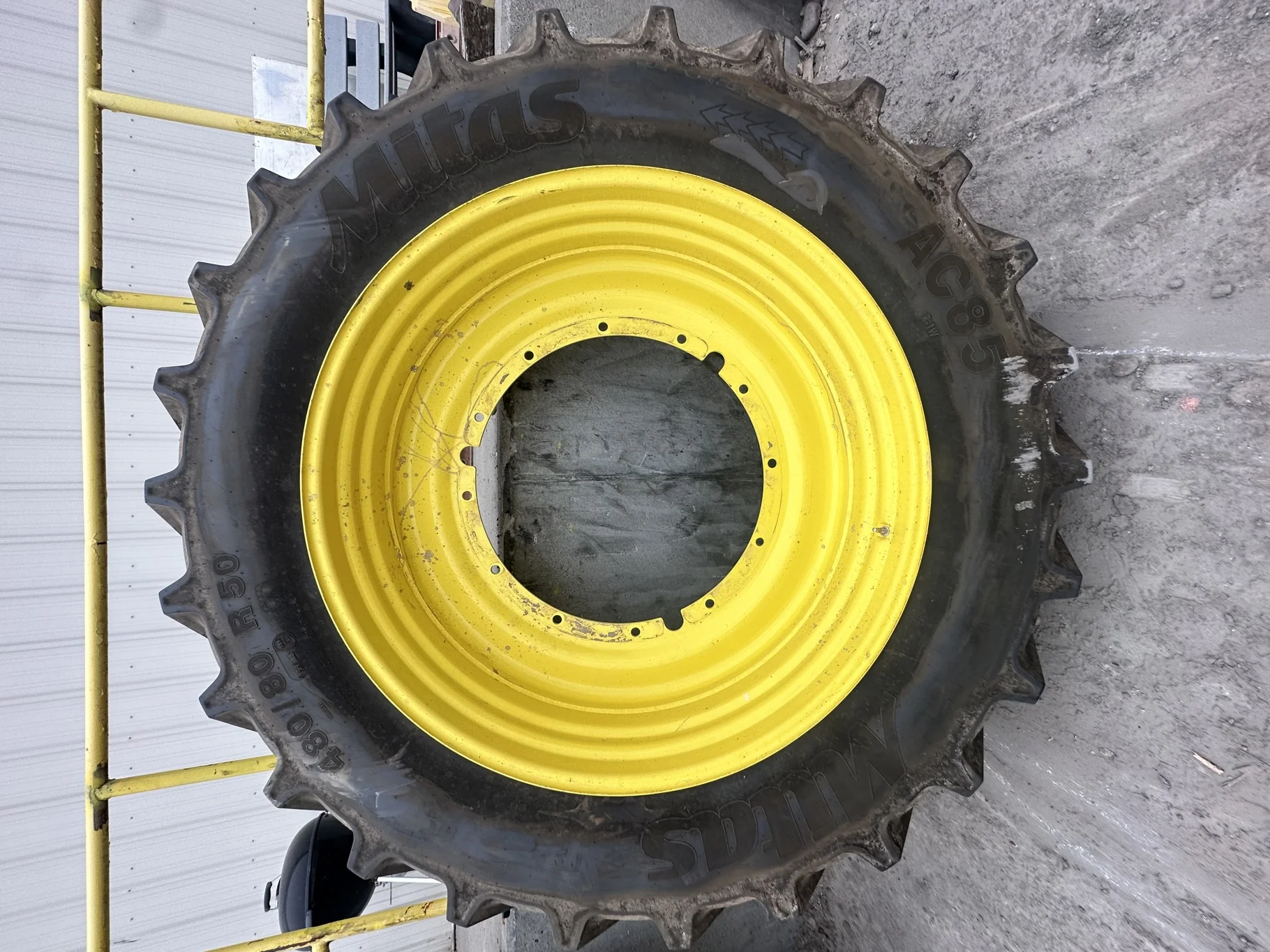 Used 90% 480/80R50 Mitas AC85 R-1W 159B TL on a 15 x 50 JD Yellow 12 Bolt Stub Disc (12-32.047 image 2