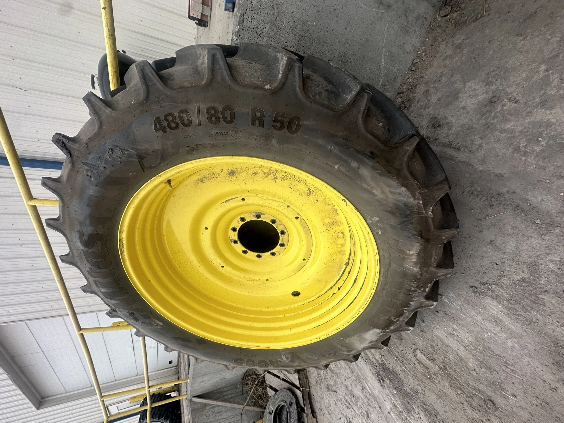Used 480/80R50 159B Mitas AC85 TL R-1W 95-100% on 15 X 50 10-13.189-11.07 Dual Yellow Wheel