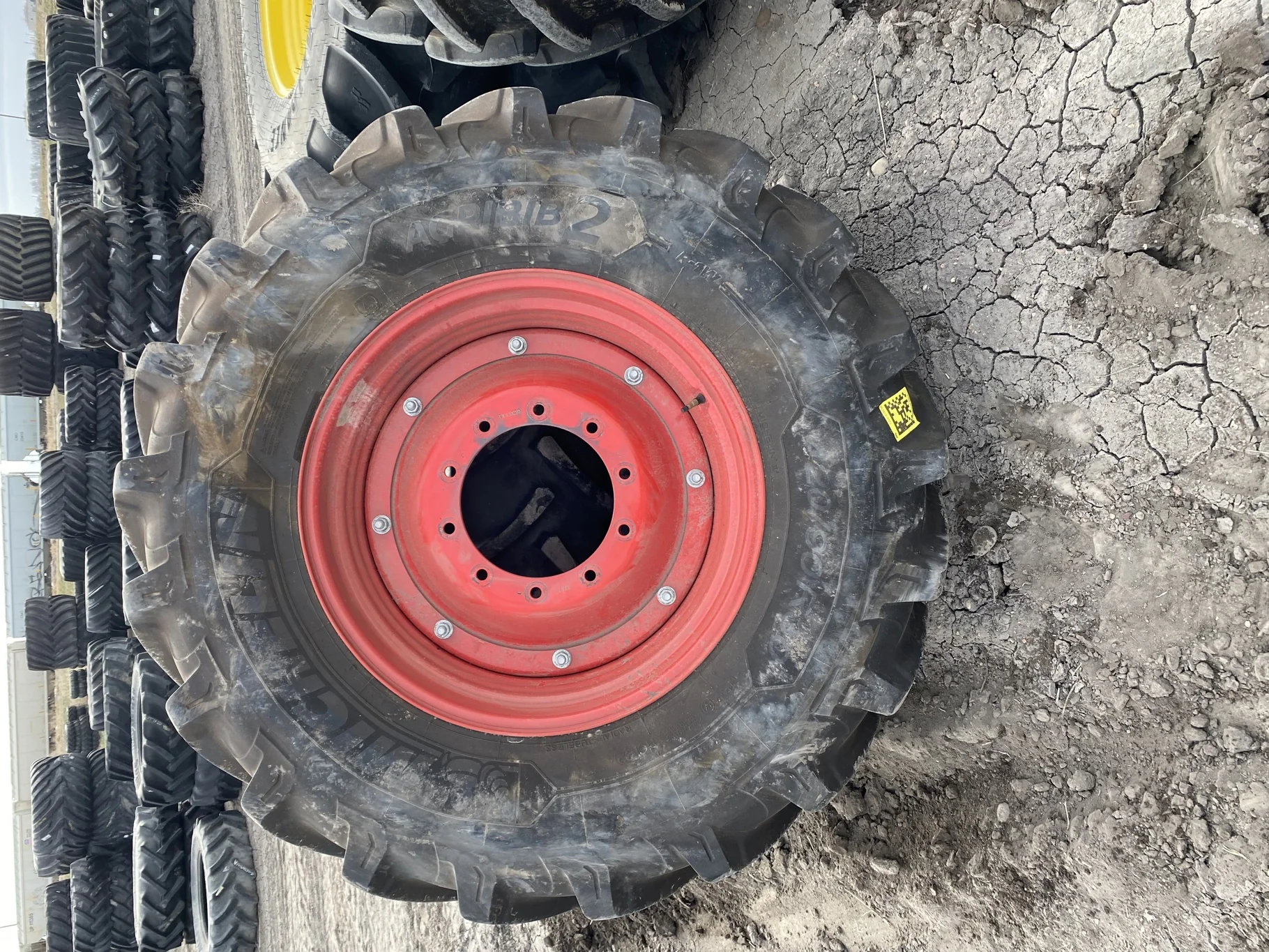 USED 98% 420/90R30 Michelin AgriBib 2 R-1W 147A8/147B TL on a 13 X 30 Fendt Red 8 Bolt Stub Disc