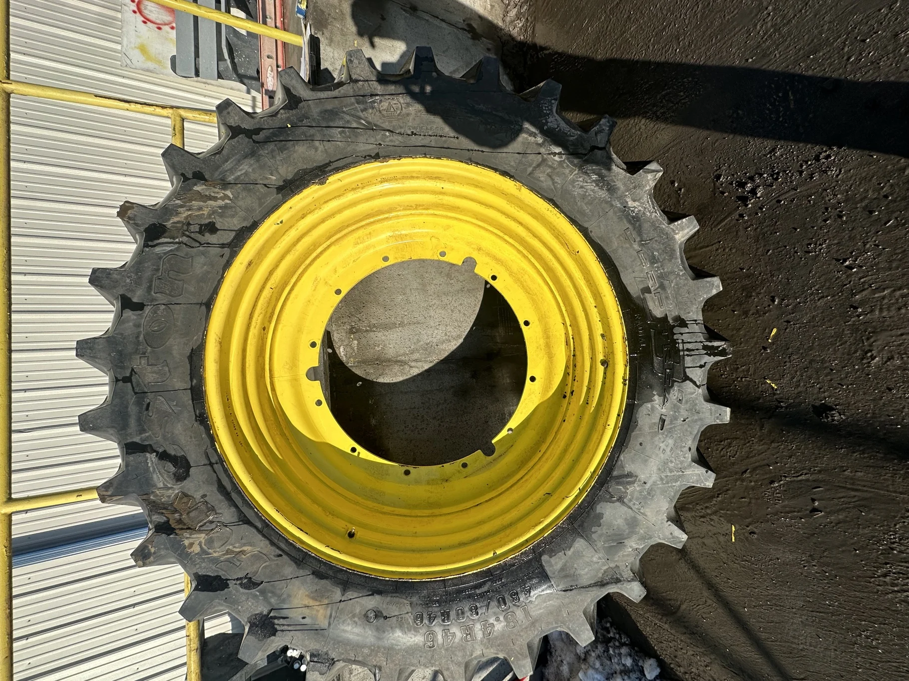 Used 85% 480/80R46 Firestone Radial All Traction 23 R-1 158B TL on 16 x 46 John Deere Yellow 12 Bolt image 2