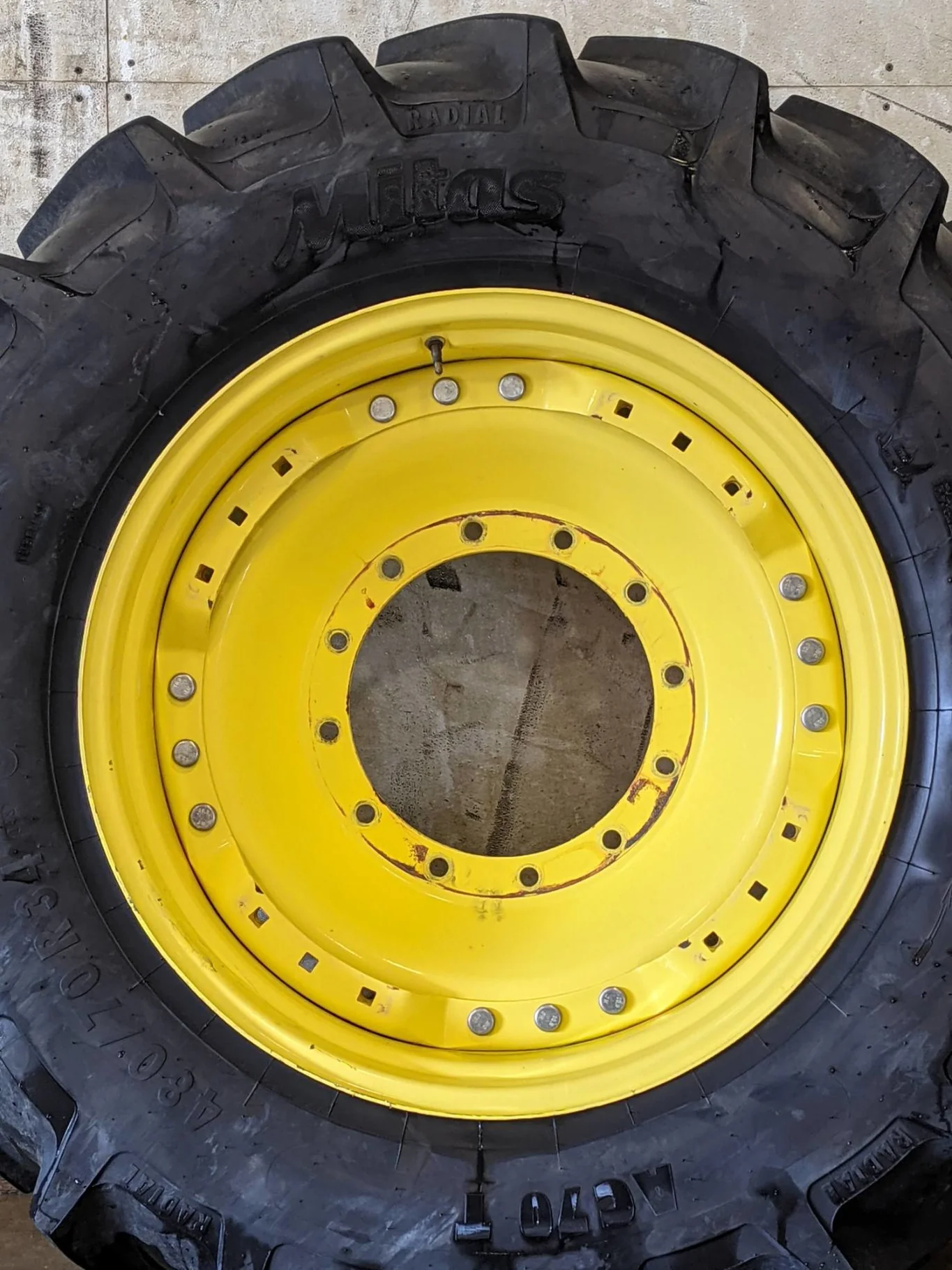 Used 80% 480/70R34 Mitas AC70T R-1Q (143A8/143B) TL on a 15 x 34 JD Yellow Waffle Wheel (3 Bol image 2