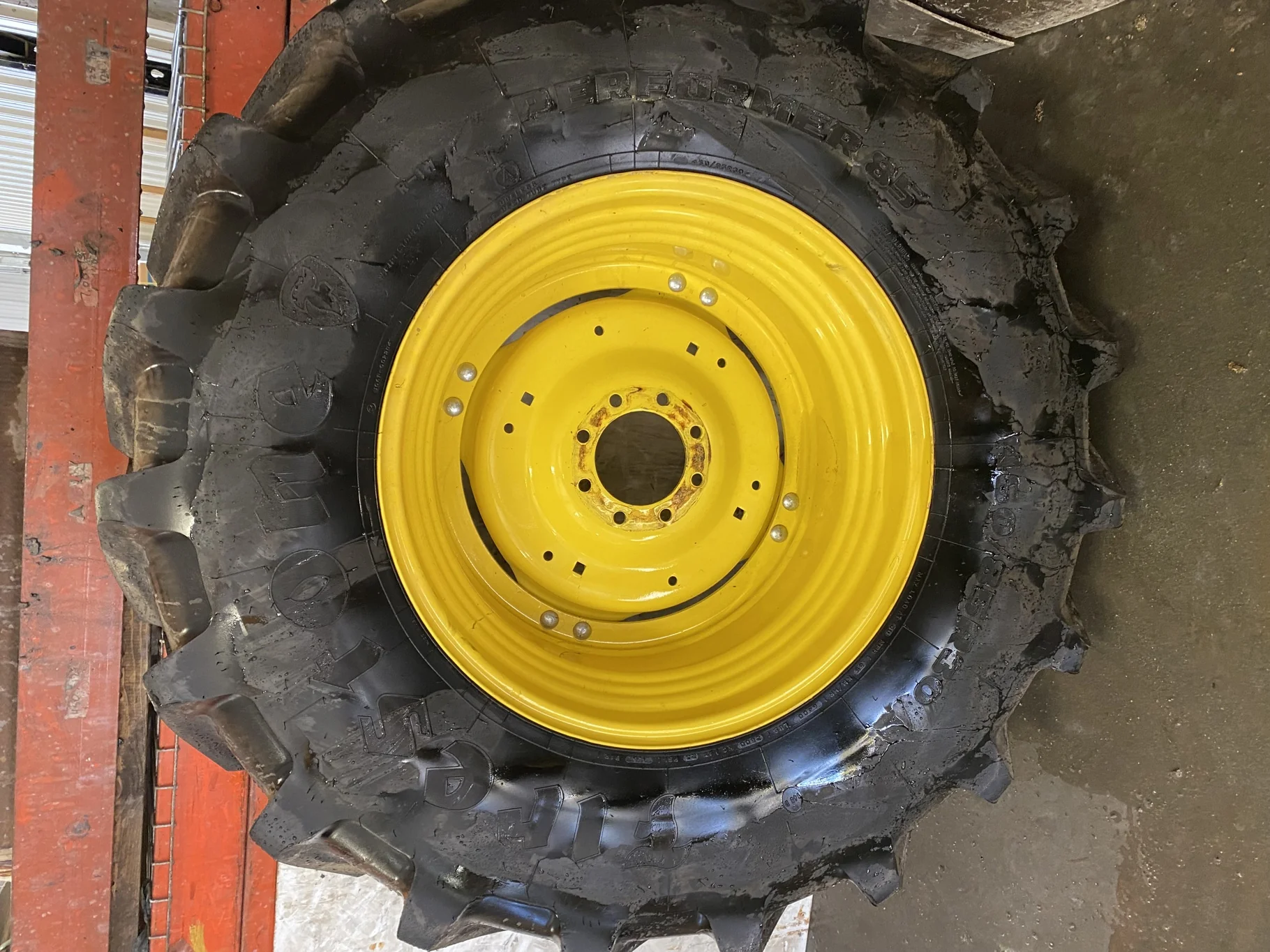 Used 98% 460/85R30 Firestone Performer EVO R-1W (145D) TL on a 15 x 30 JD Yellow GKN Style Whe