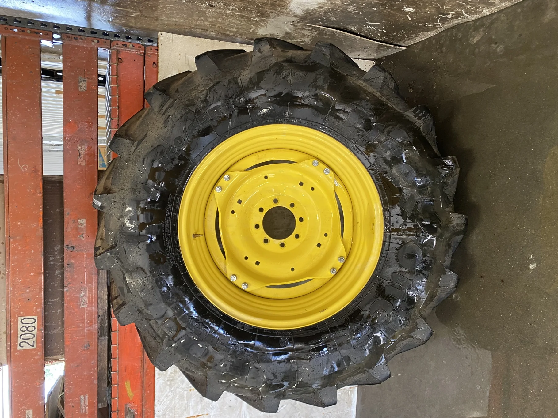Used 98% 460/85R30 Firestone Performer EVO R-1W (145D) TL on a 15 x 30 JD Yellow GKN Style Whe image 2
