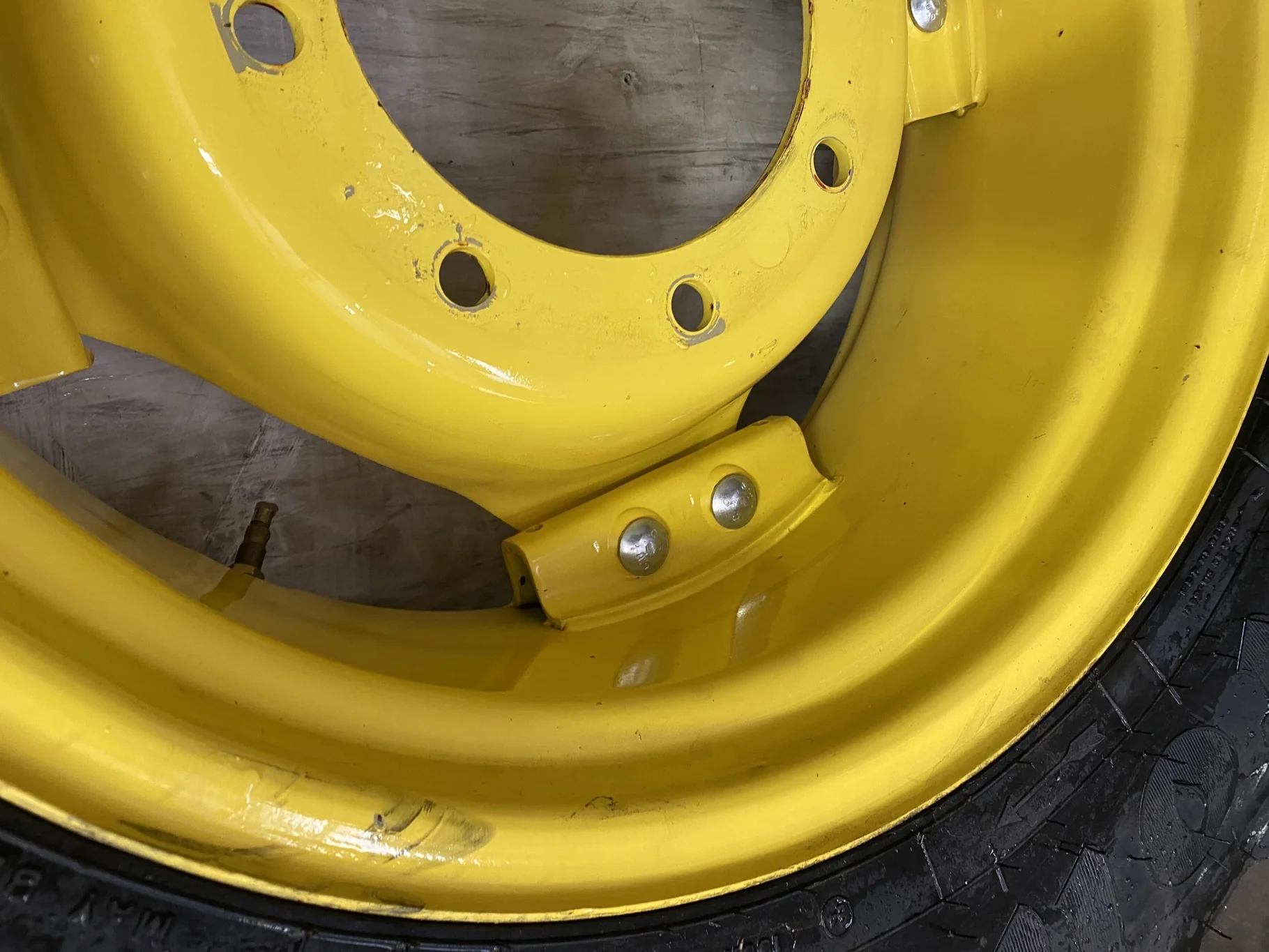 Used 85% 320/85R24 Firestone Performer 85 R-1W (122D) TL on a 10 x 24 John Deere Yellow 8 Bolt 6 Lo image 6