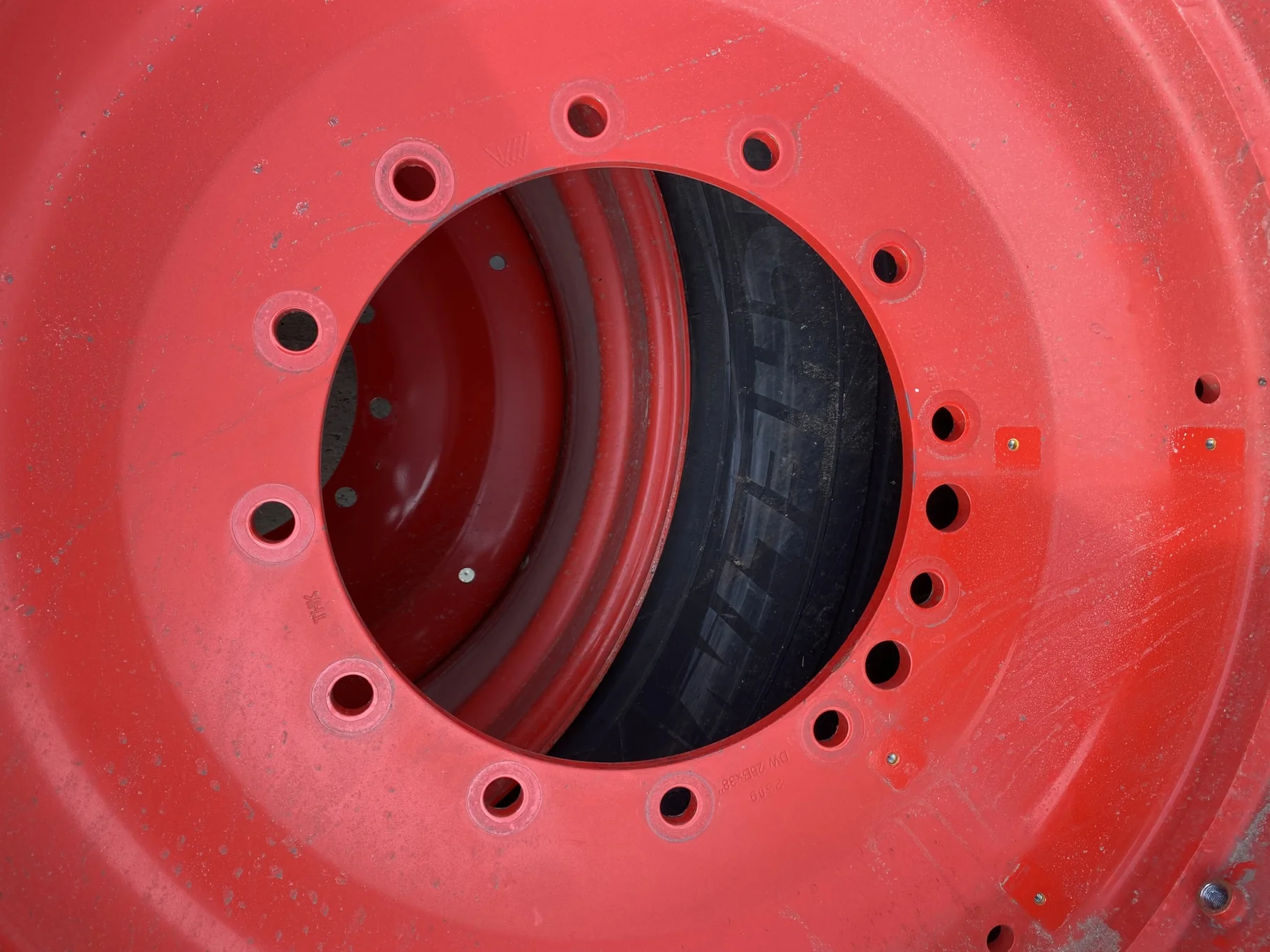 Used 95% VF710/60R38 Michelin AxioBib2 R-1W 174D TL on a 25 x 38 Fendt Red 12 Bolt (.906") Straight image 9