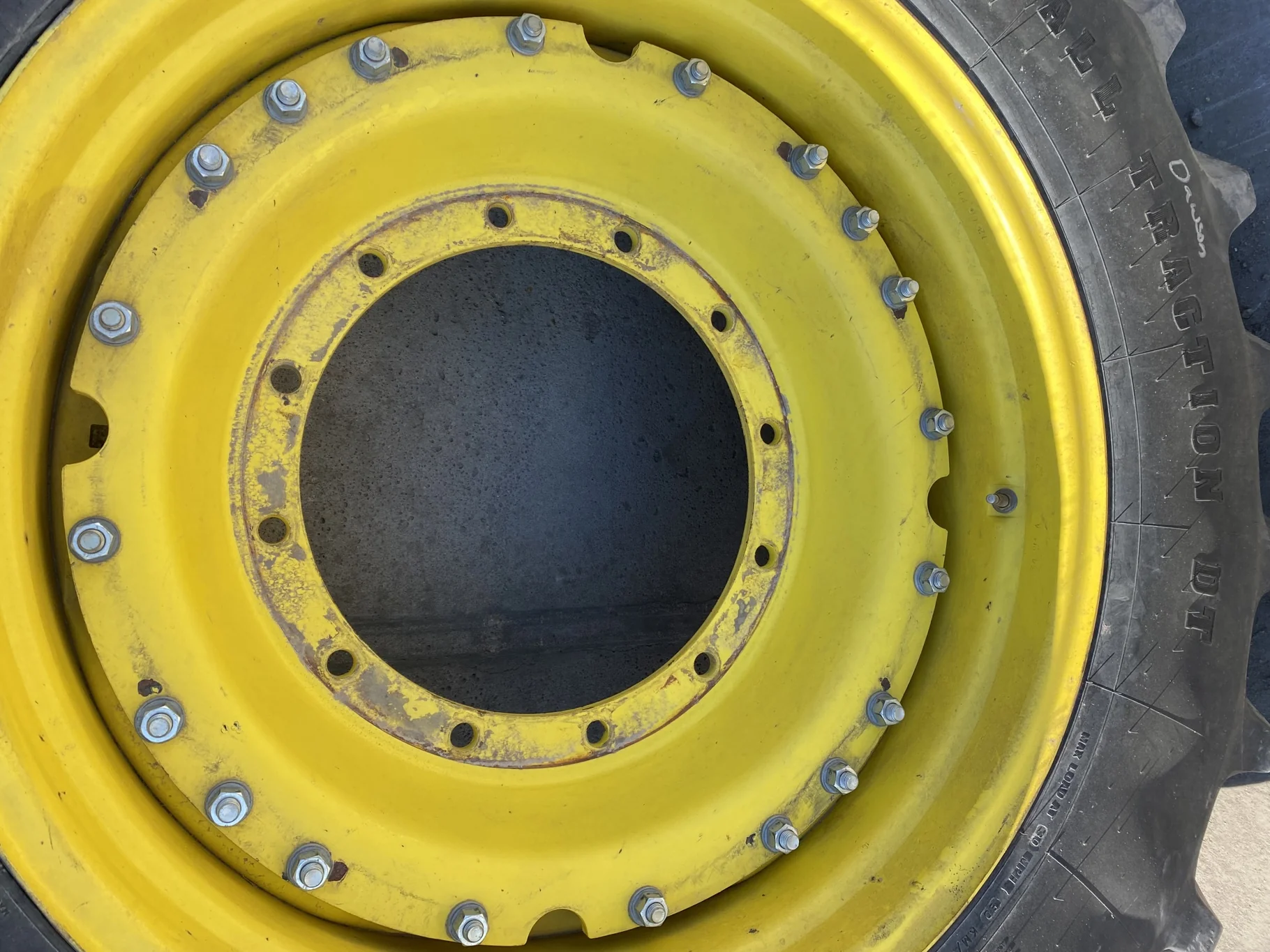 Used 90% VF420/85R34 Firestone Radial All Traction DT R-1W 157B TL on a 15 x 34 JD Yellow Waffle image 7