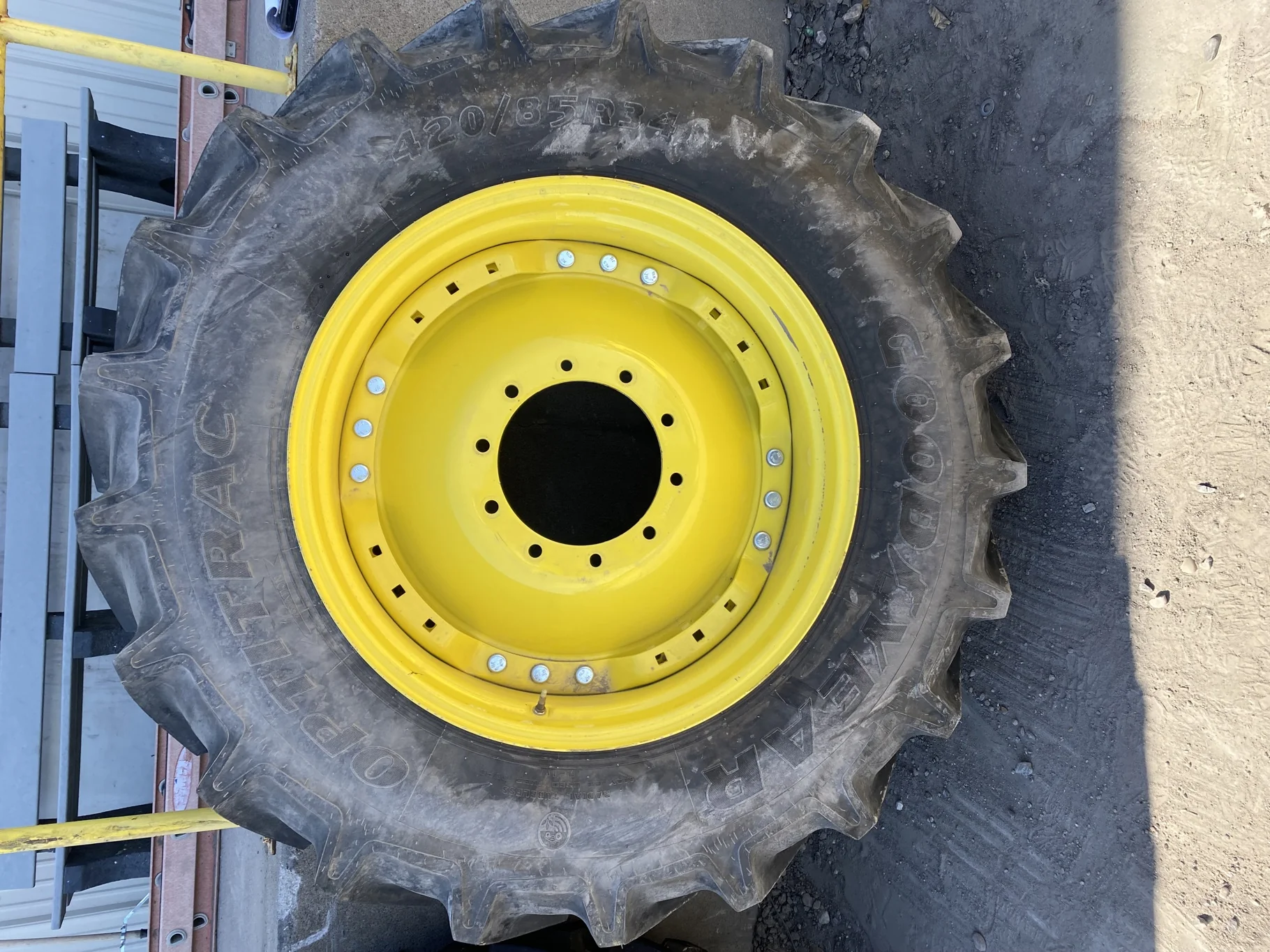Used 420/85R34 147D Goodyear Optitrac R-1W TL 98% On 15 x 34 3 Bolt JD Yellow Waffle Wheel